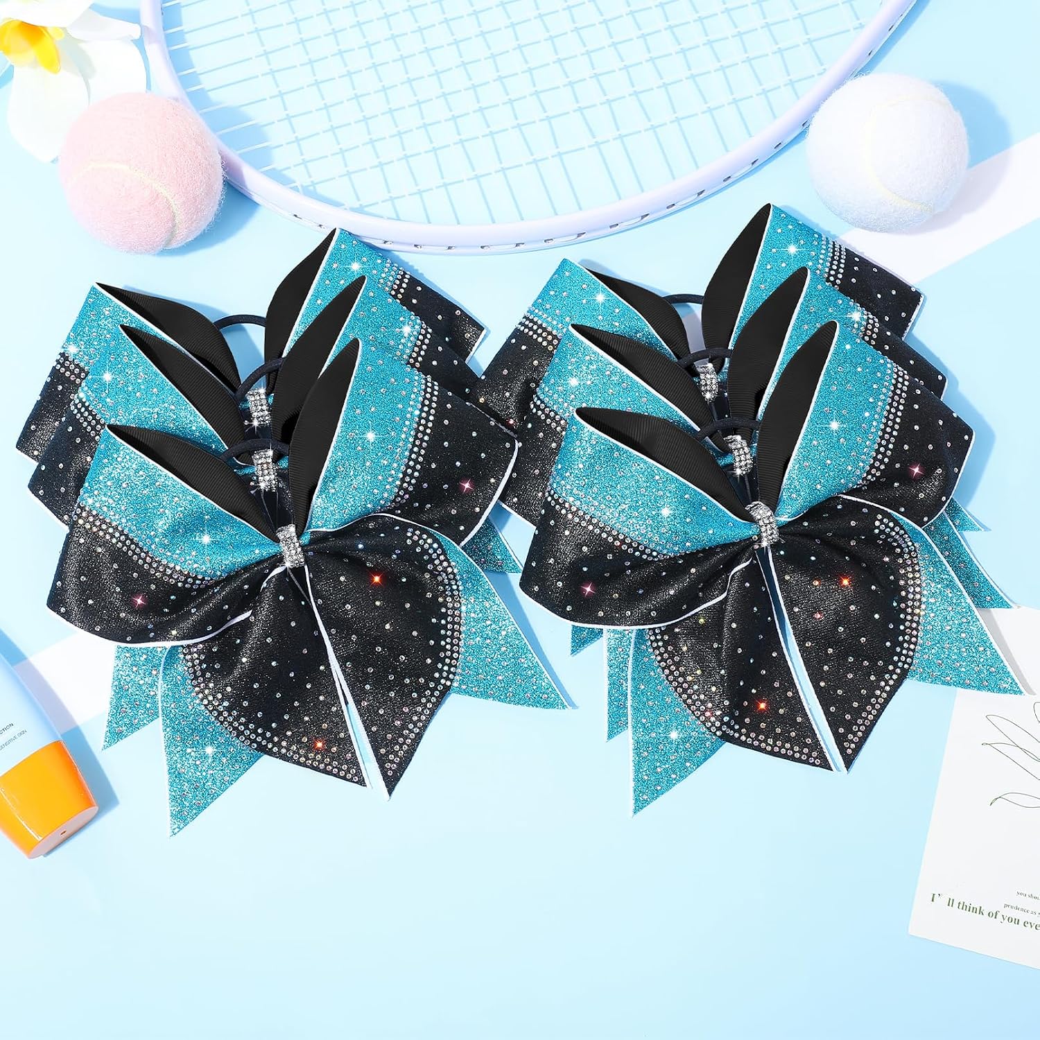 6PCS Large Glitter Cheer Bows Black and Teal 8" Rhinestones Stiff Competition Hair Bows Two Colors Elastic Band for Cheerleaders Girls -Black/Teal