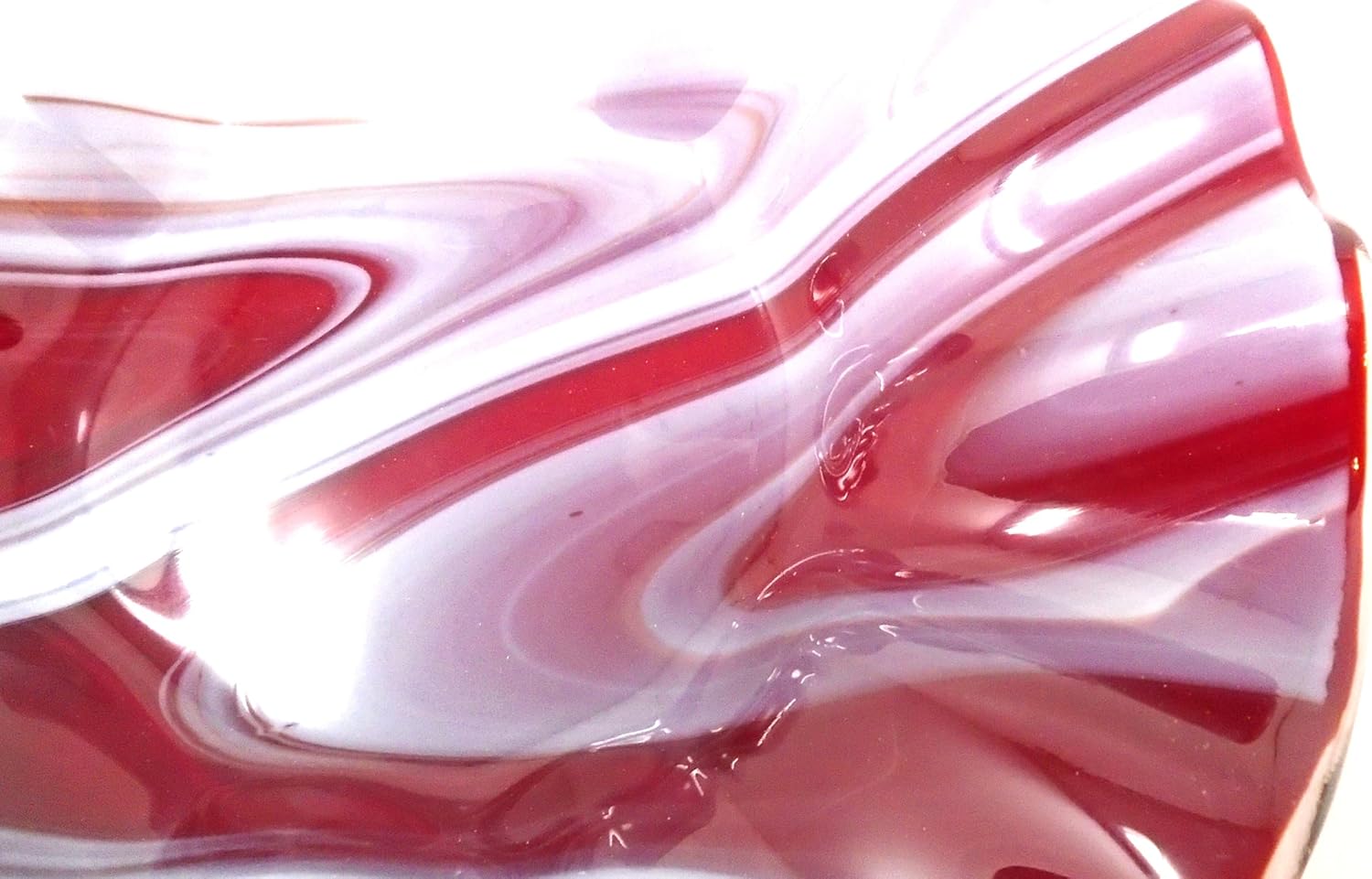 Red and White Organic Ruffled Bowl 11.2 inch Handcrafted Fused Glass