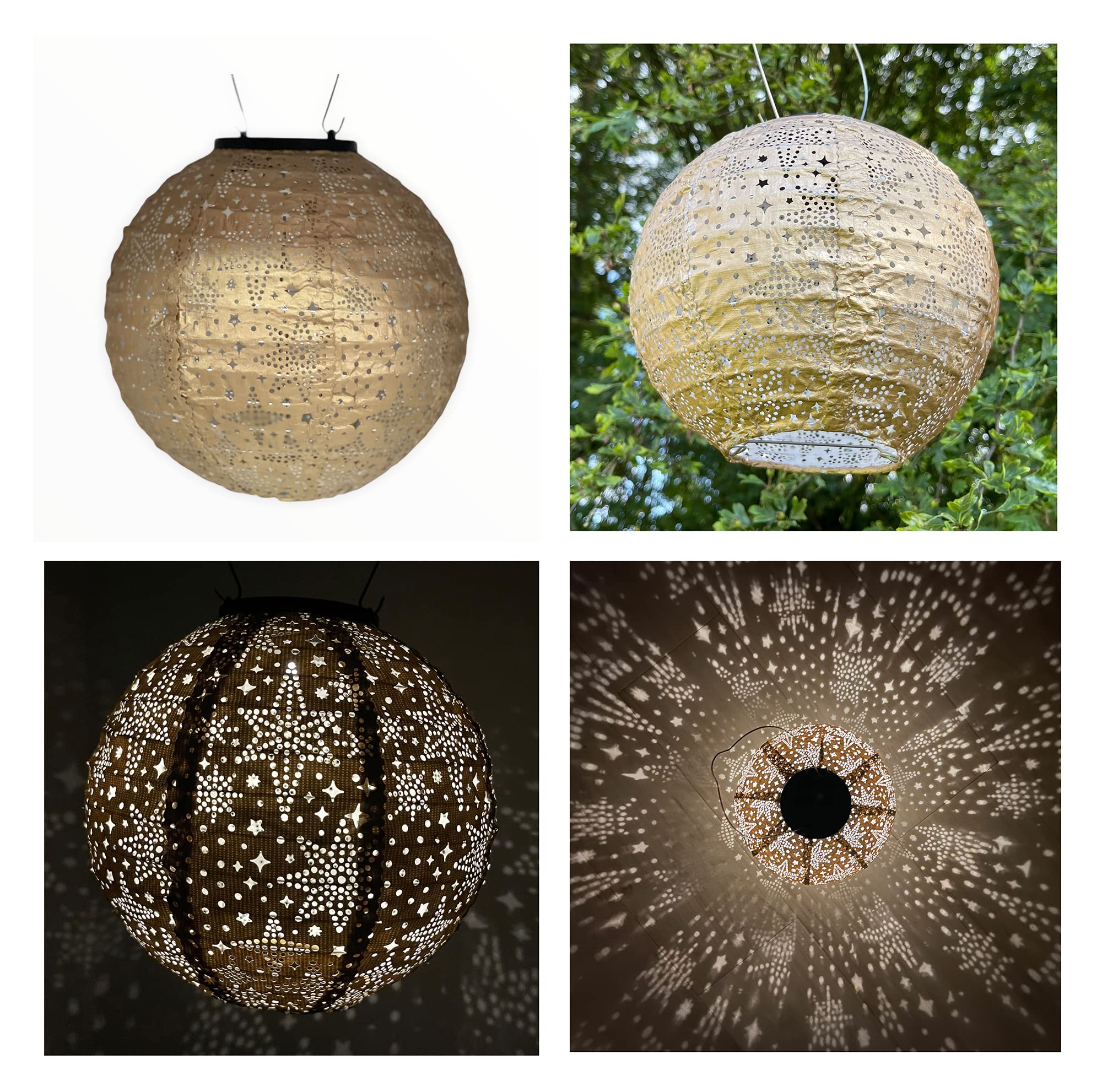 Single Solar Lantern Round Diameter 20 cm Gold Stars Matt Made from Tyvek Lantern with Solar Panel and Rechargeable Batteries