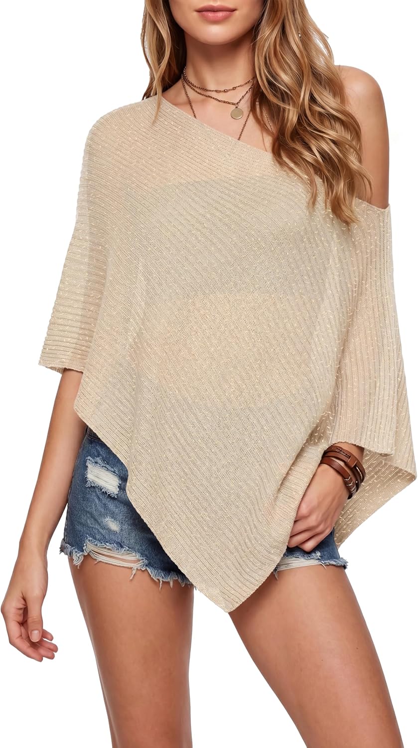 Women's Sheer Poncho Top Lightweight Knit Shawl Cape Cover Up