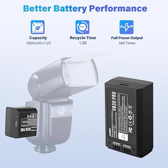 Lesaps 2-Pack VB30 Battery 7.2V 3500mAh Rechargeable Li-ion for GODOX V1/V1PRO Replacement for VB26 with Type-C Cable, Compatible with V860III, V850III Flash