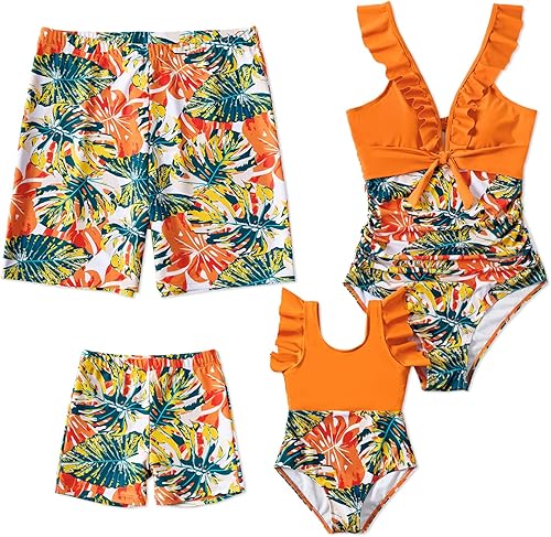 PATPAT Family Matching Swimsuits Mommy and Me One-Piece Ruffled Straps Bathing Suits Swimwear and Swim Trunks Sets