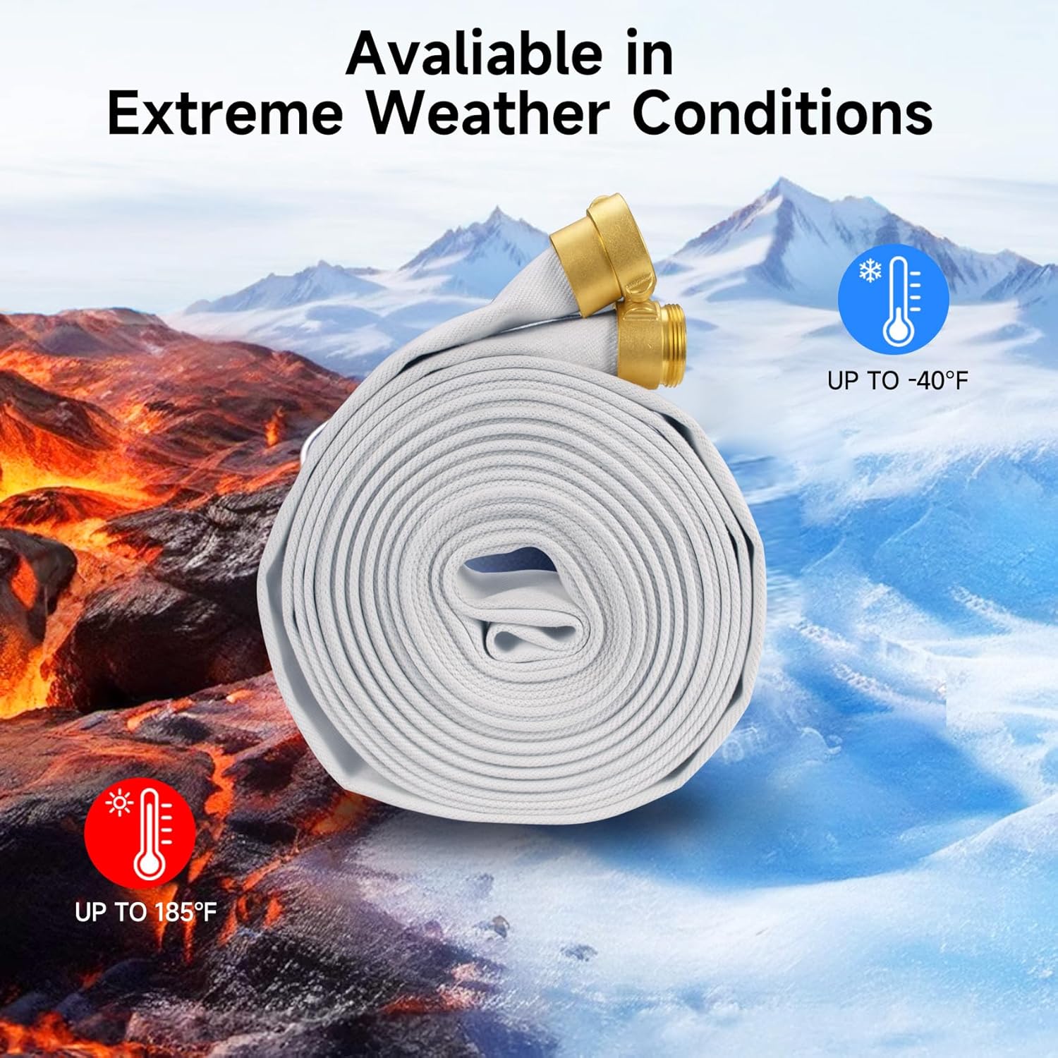 EPDM Fire Hose, 50 FT x 1-1/2" ID Firehose, White Industrial Hose - NST/NH Couplings, Lay Flat Water Hose+Brass Coupling, Outer White Staple Fiber, for Using in Firefighting, Home, Garden