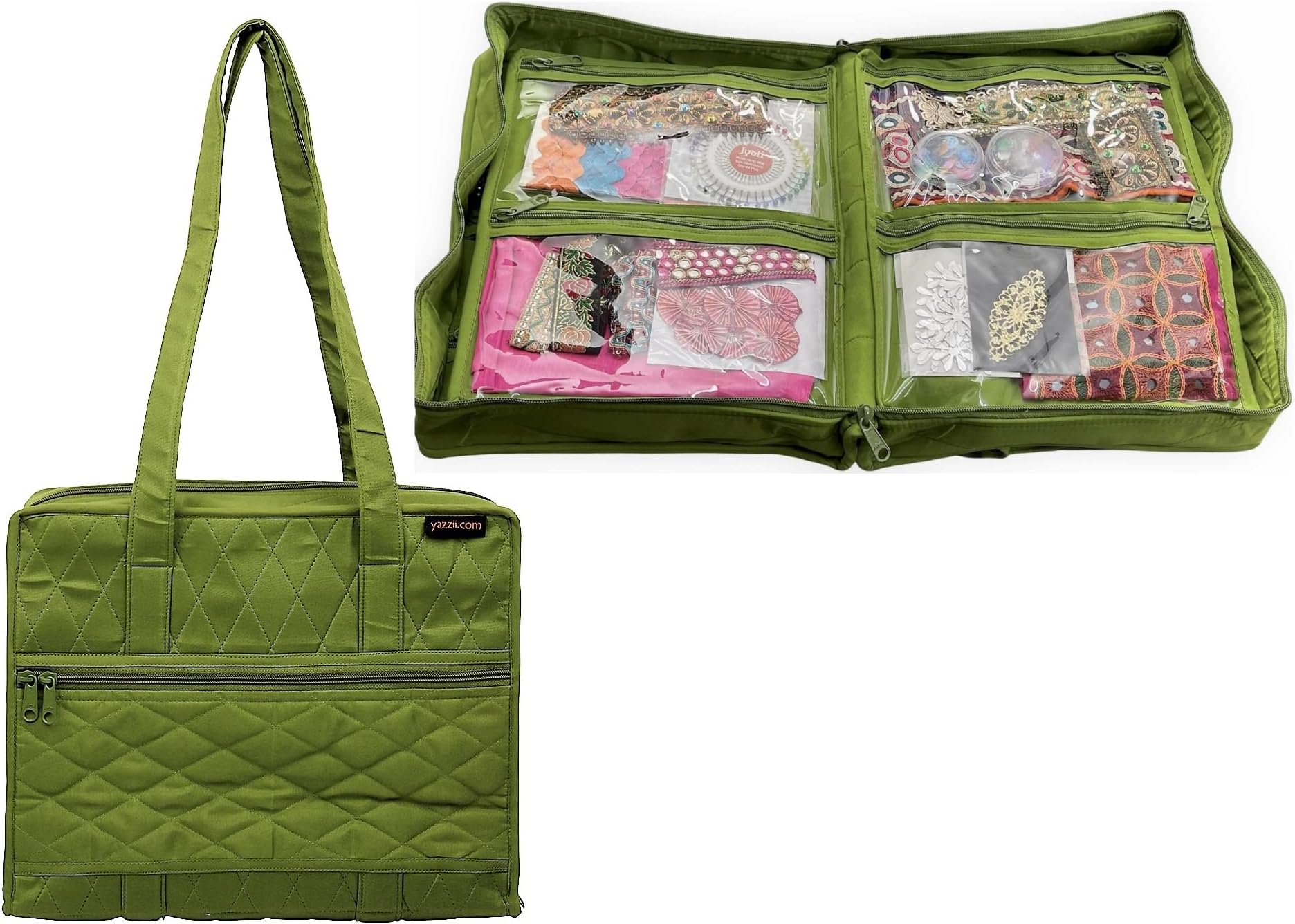 Yazzii Quilter’s Project Bag with 19 Pockets - Portable Storage Craft Bag Organizer - Multipurpose Storage Organizer for Quilting, Patchwork, Embroidery, Needlework Green