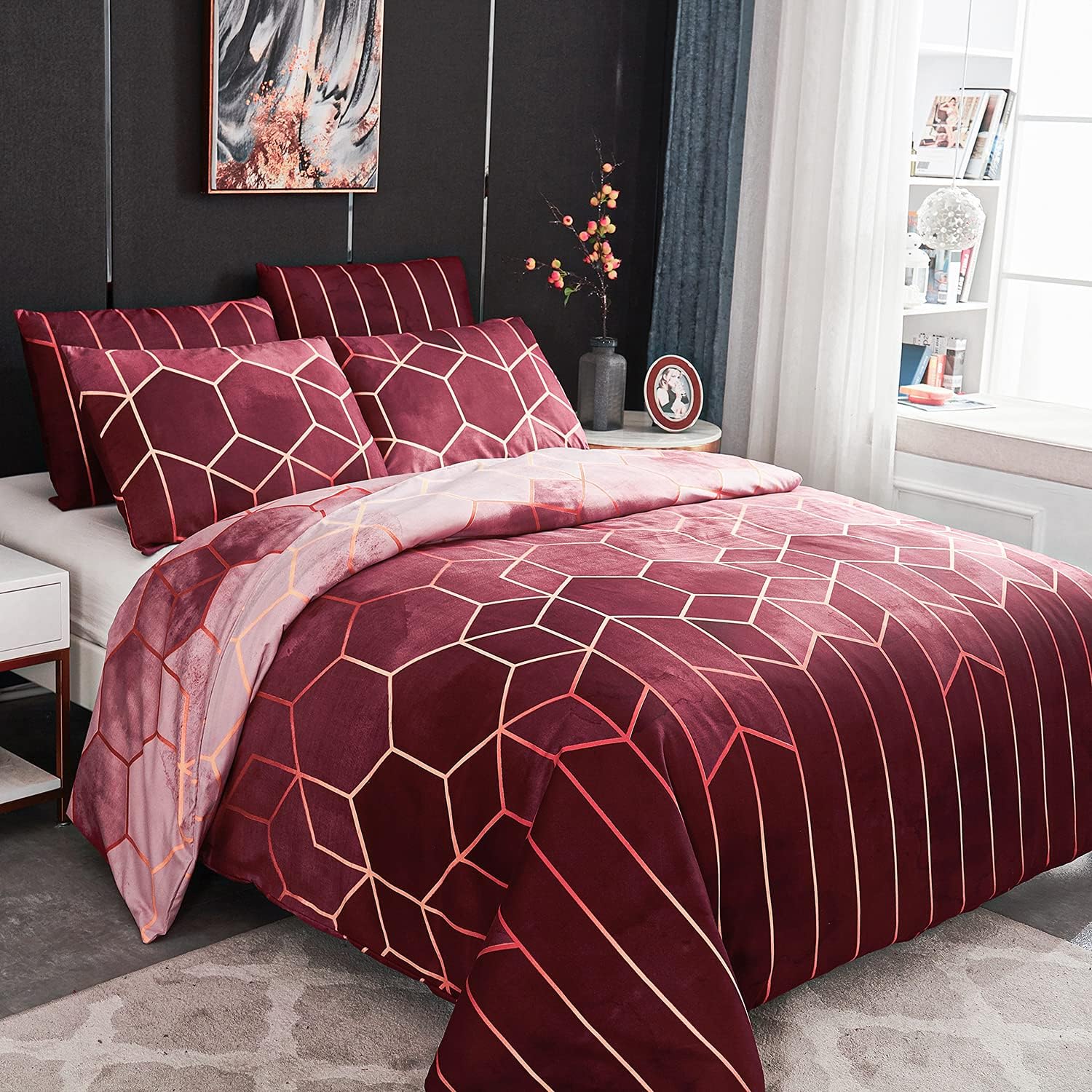 Freyamy Bettwäsche 220x240cm Rot Kariert Marmor Wendebettwäsche Geometrisch Microfaser Vintage Doppelbett Bettbezug mit Reißverschluss und 2 Kissenbezug 80x80cm