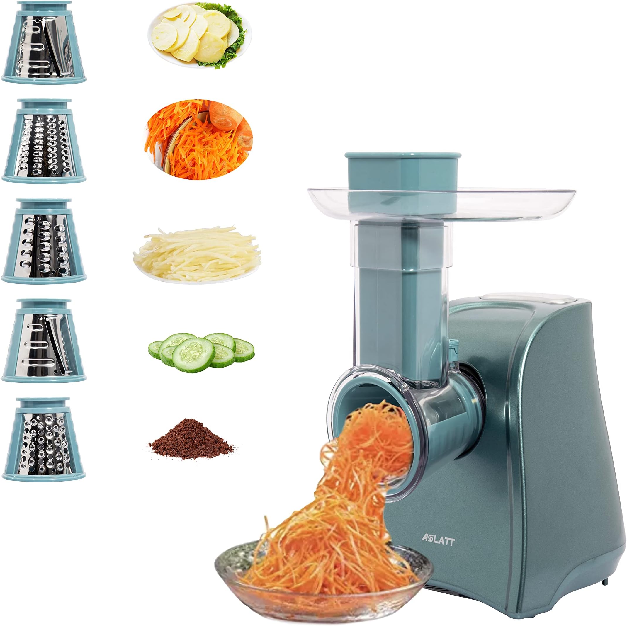 One-Touch Control Cheese Grater Machine - Electric Shredder for Vegetables, Fruits, Potato - Salad Maker with 5 Free Attachments, Green