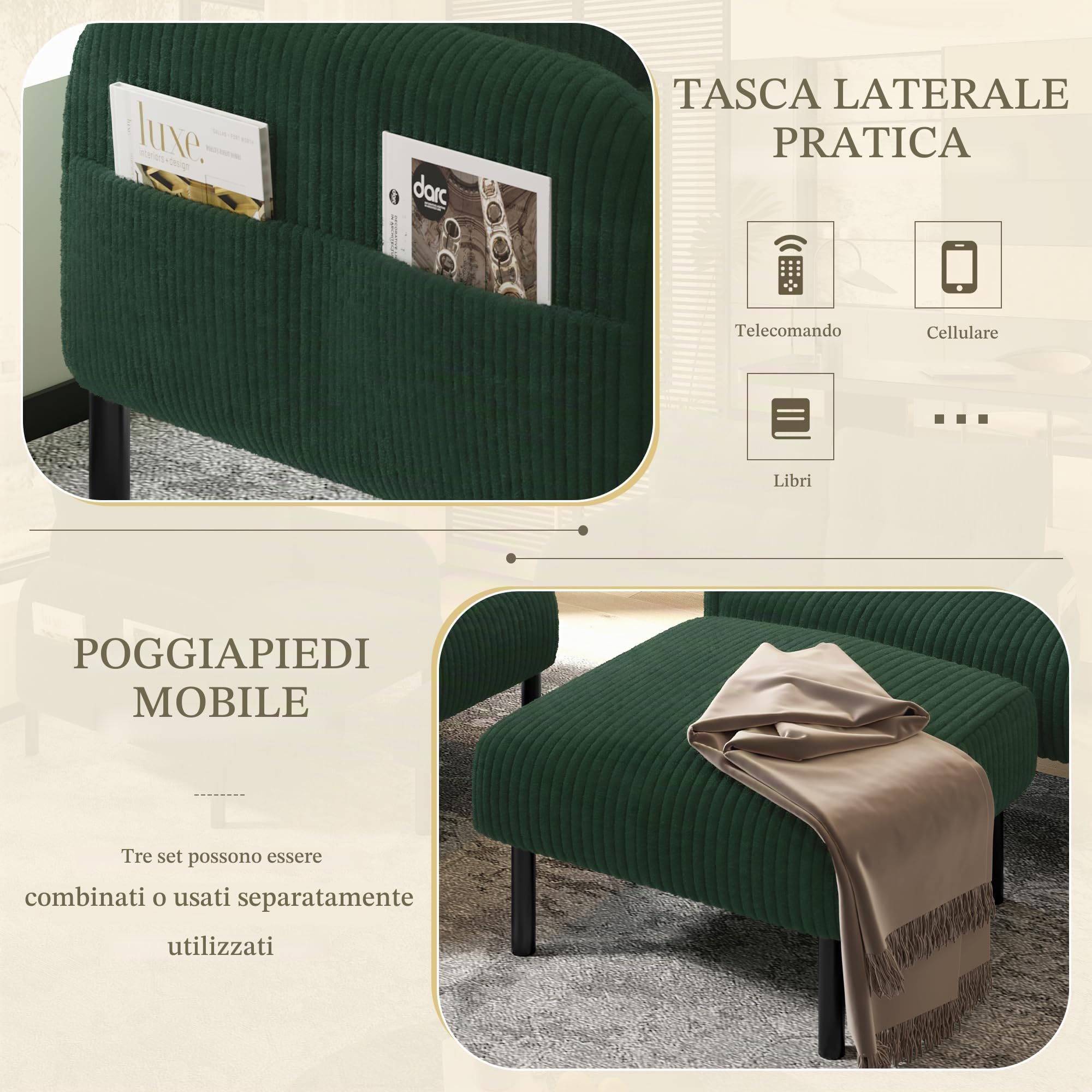Cord Set di 3 poltrone+sgabello+divano a 2 posti con tasca laterale, struttura tubolare in acciaio e schienale extra morbido, seduta profonda, modulare, combinabile per soggiorno (verde
