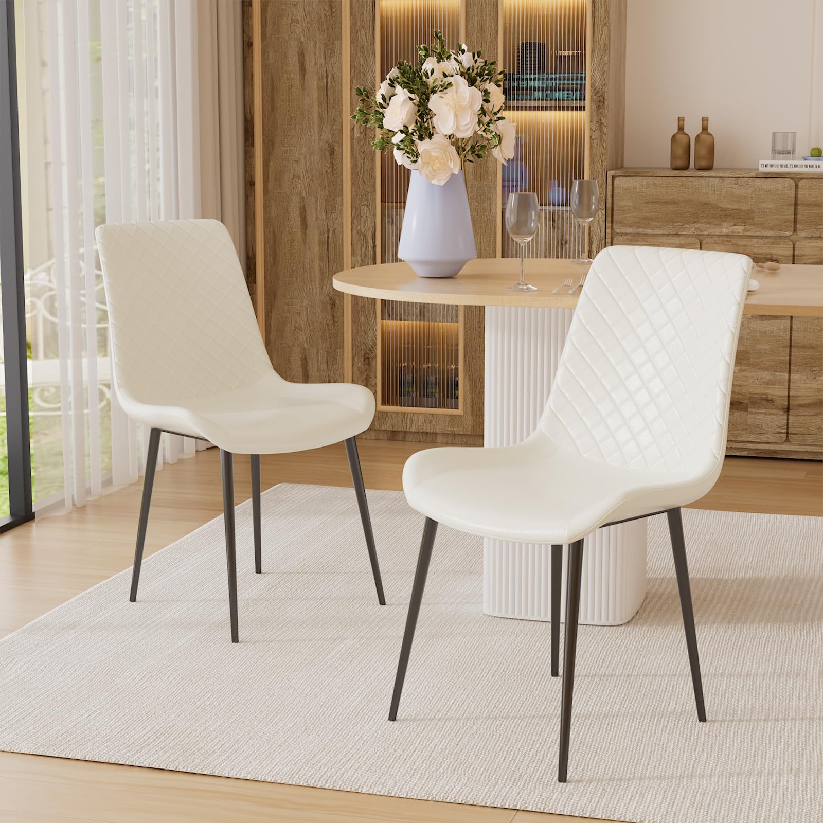 AmoUnico Dining Room Chairs, Upholstered Leather Dining Chairs, Dining Chairs Set of 2, Mid-Century Design Kitchen Chairs with Metal Legs, Armless