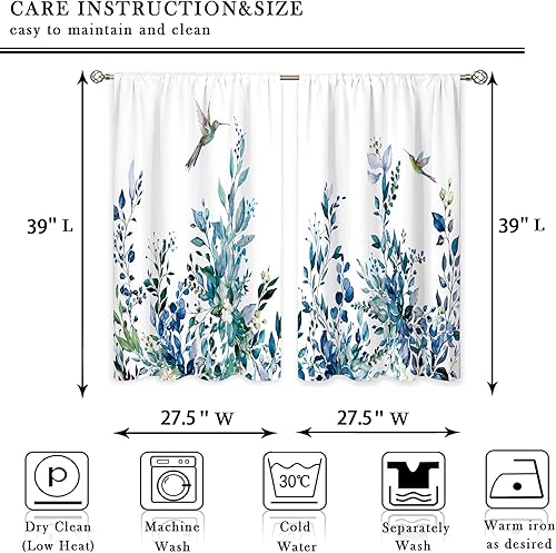 Miniatura 2 de Cortinas de ventana de cocina con hojas botánicas de eucalipto azul, hojas de flores, hojas pequeñas, colibrí, cortinas cortas para tratamiento de