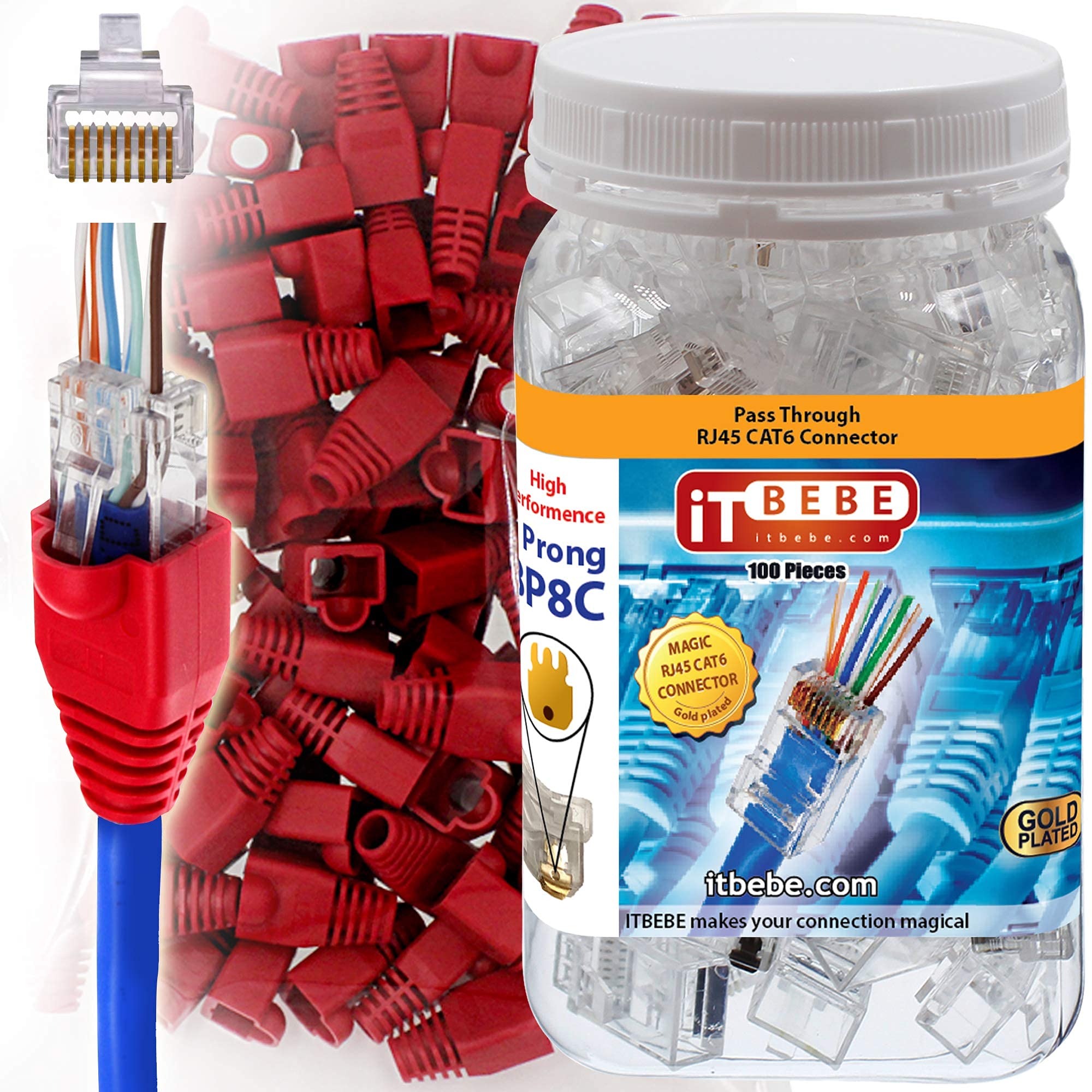 ITBEBE 100-Pack Pass Through Cat6 RJ45 Connectors and 100-Pieces Red Strain Relief Boots for 24 AWG Cables