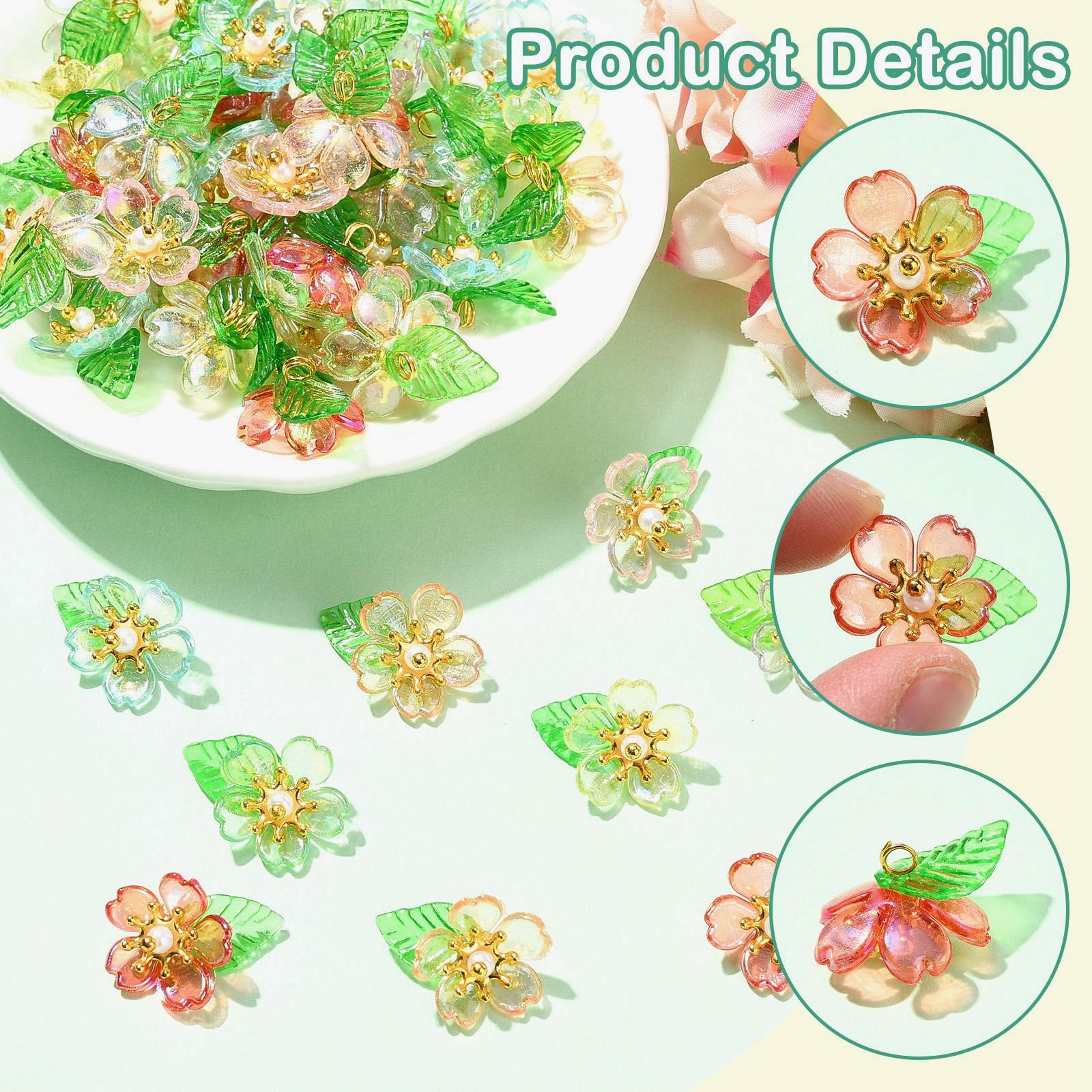 UR URLIFEHALL 100 Pcs Transparent Acrylic Flower Charms with Green Leaf Floral Shaped Charms for Jewellery Making DIY Spring Crafts Hairbands - Image 3
