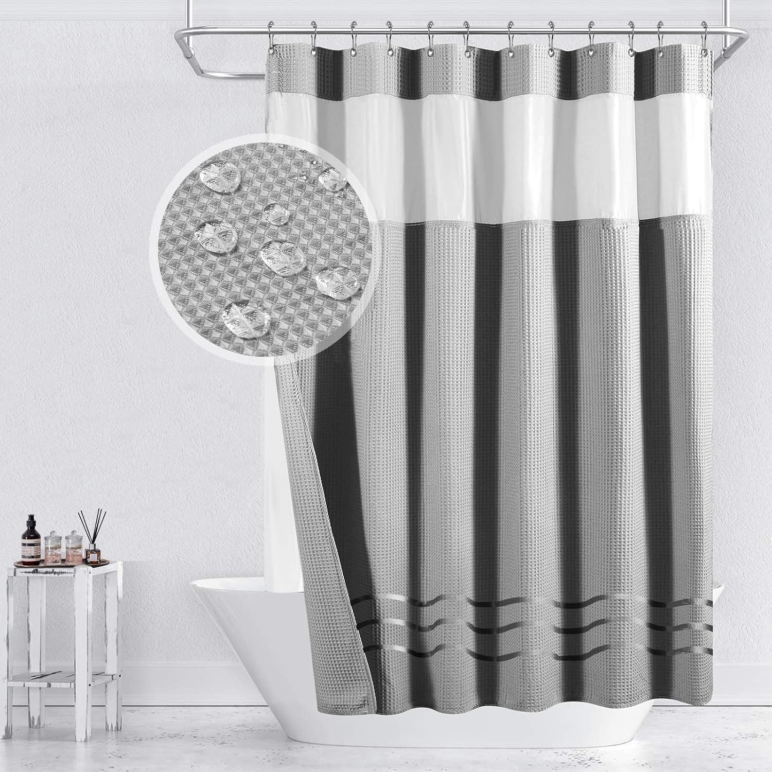 Yimobra Waffle Shower Curtain Sets with Liner, Heavyweight Fabric with 12 Hooks, Water-Repellent, Washable, Mesh Top Window, 72 "x 72", Beige