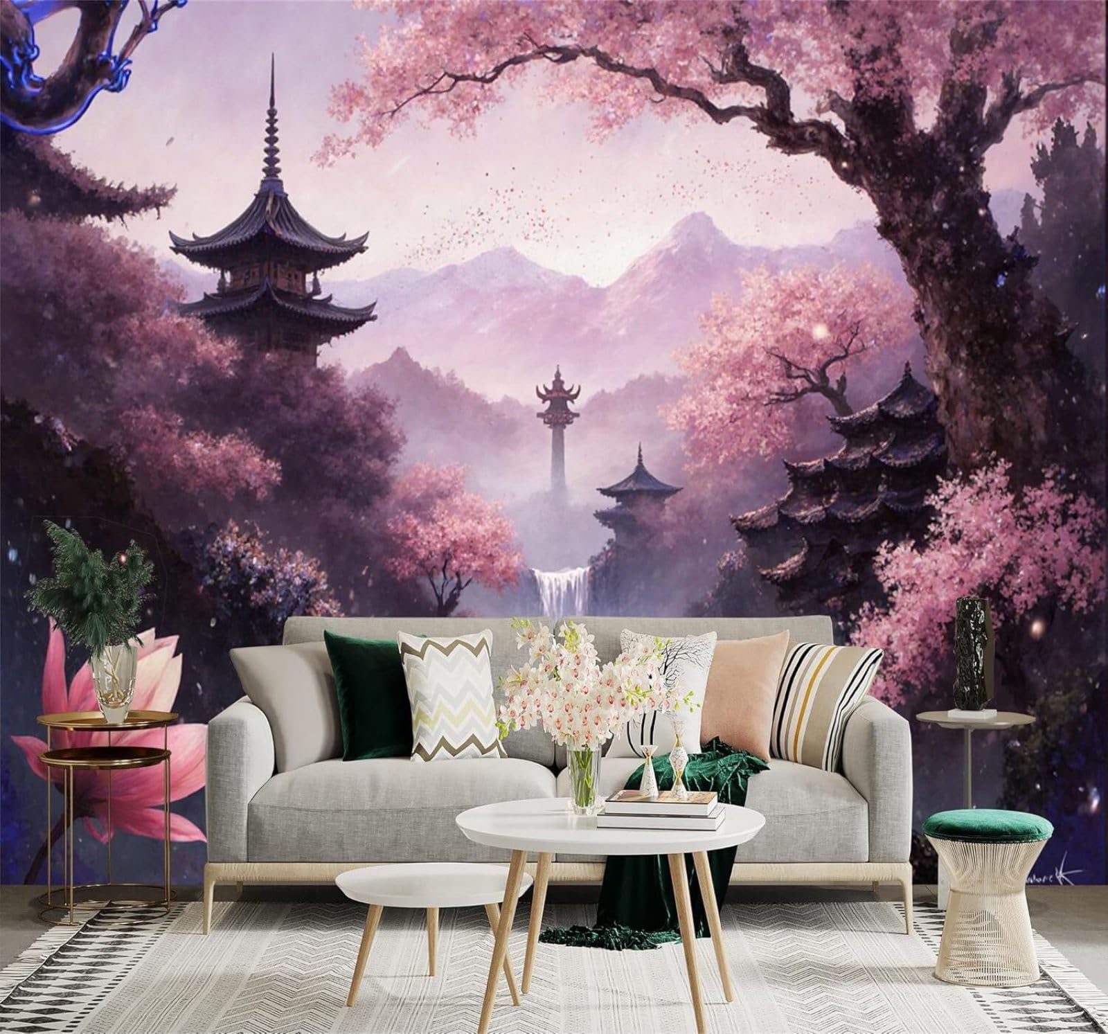 Xlming 350Cm×256Cm(B×H) Exquisite Waterfall Lotus Flowers Architecture Mountains 3D Wallpaper Premium Textured Silk Study Dining Living Room Bedroom Sofa Tv Wall Easy Install-350Cm×256Cm