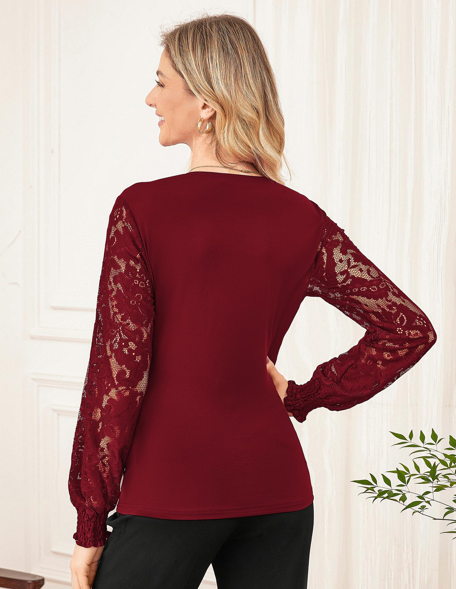 GRACE KARIN Damen Bluse Spitzen Langarm Festliche Oberteile V-Ausschnitt Plissierte Bauchweg Wickelbluse