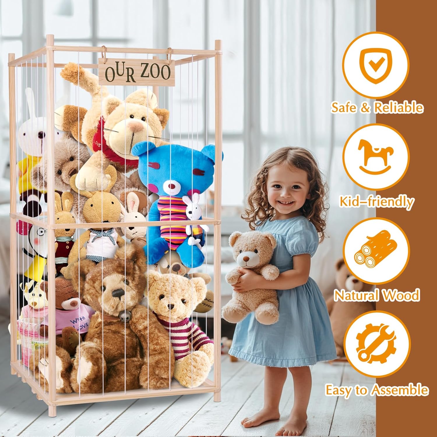 27 * 27 * 54 In Oversized Stuffed Animal Storage Corner Organizer Wooden Design with Elastic Cord, Capable of Holding Up to 300 Stuffed Animal– Ideal for Birthday Gift