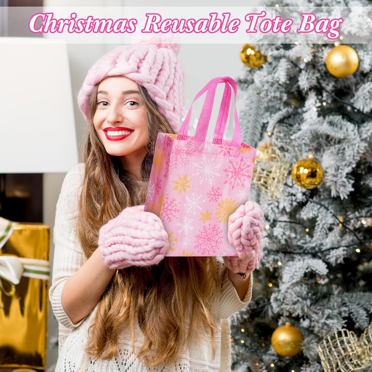 Wovnet 30 Pcs Christmas Bags Bulk Pink Snowflake Winter Merchandise Gift Bags with Handles Reusable Non Woven Tote Shopping Goodie Pouch for Xmas Party Favors 10 x 8 x 4in image 4