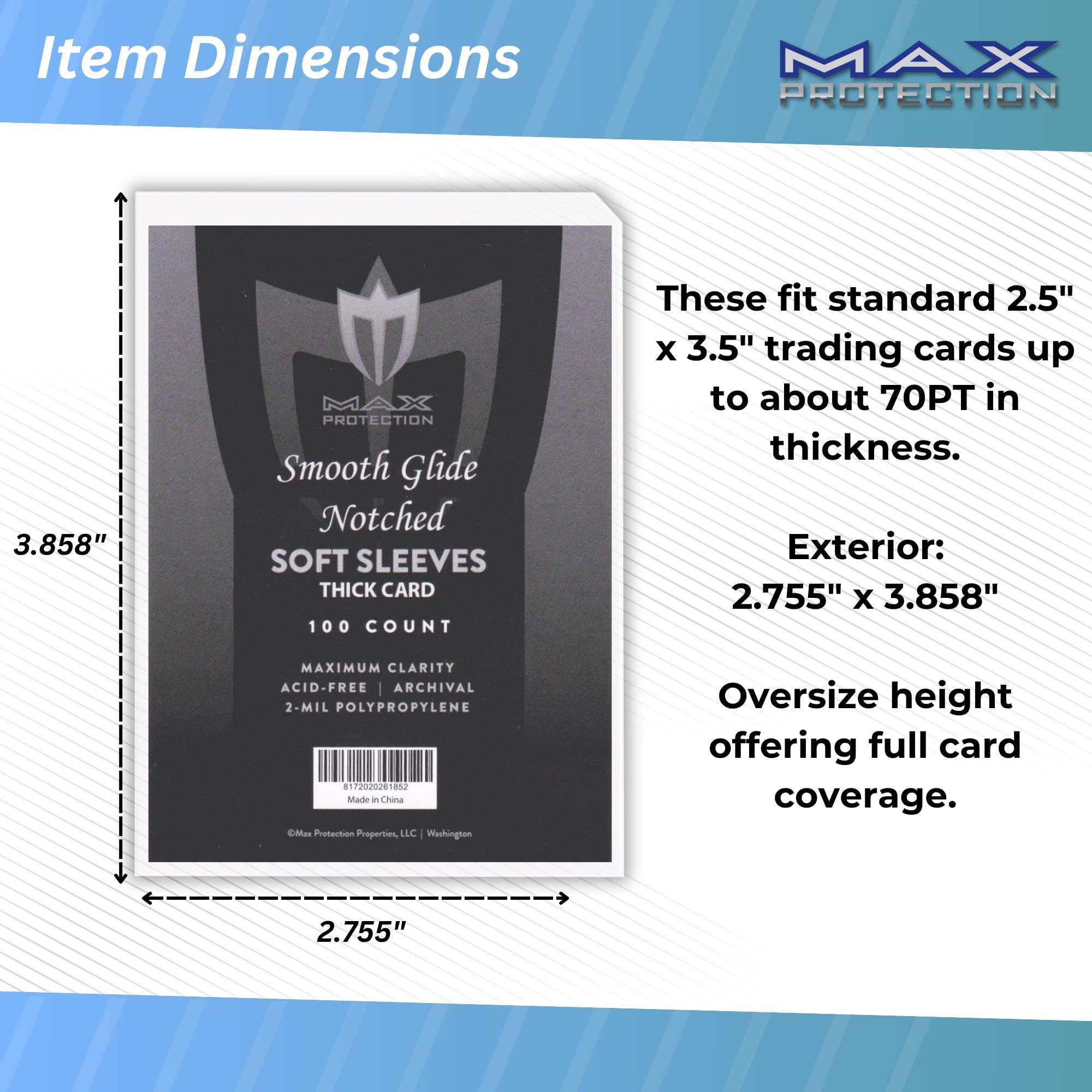 Max Protection Lot de 1000 pochettes crantées pour cartes à collectionner, sans acide et sans danger pour les échanges, les sports, les cartes à collectionner