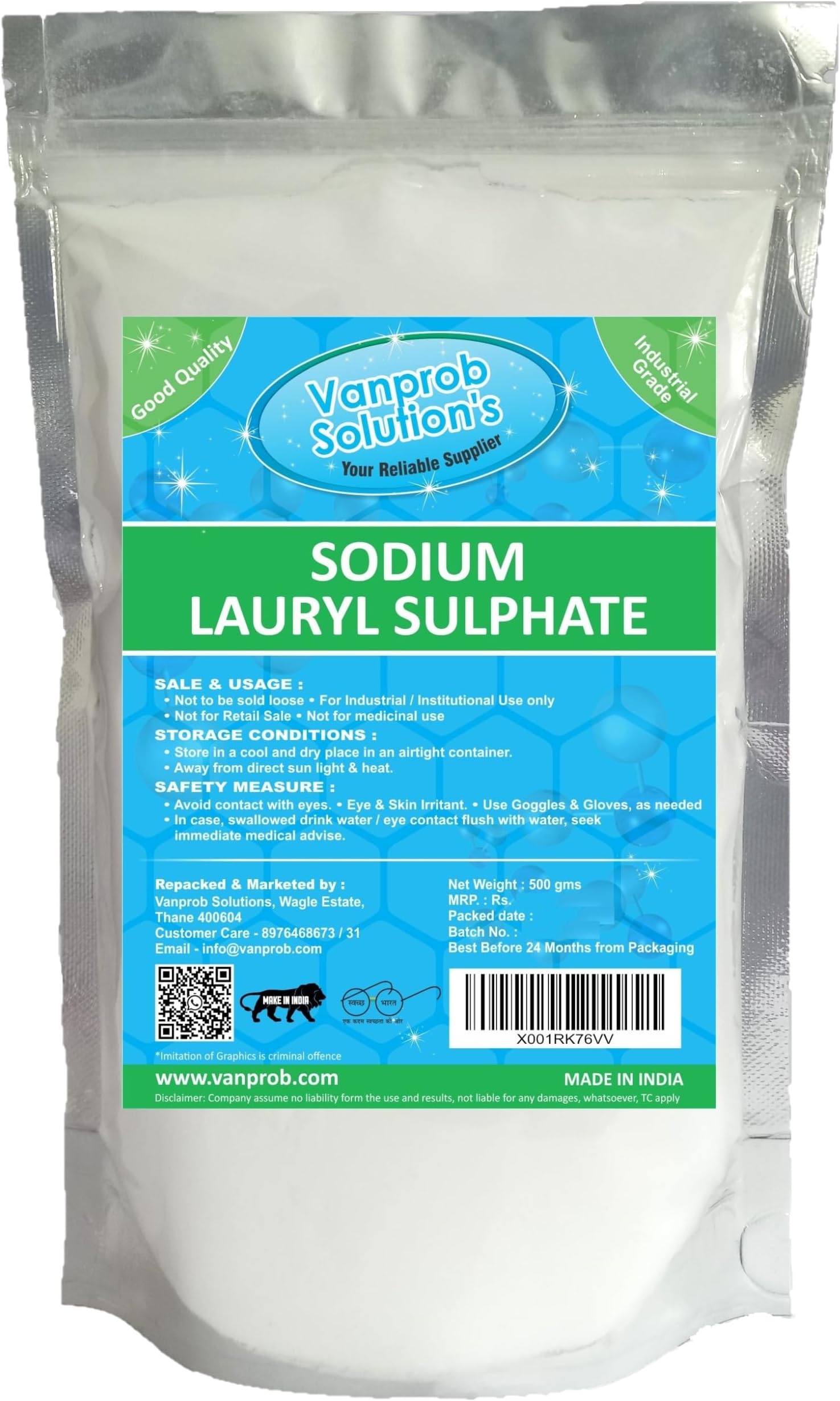 Sodium Lauryl Sulphate SLS Powder 95% - Surfactant, Foaming & Cleaning Agent, For Making - Soap, Shampoo, Cosmetics, Moisturizer, Lotion, Personal Care - 500 gms x 1 Pack