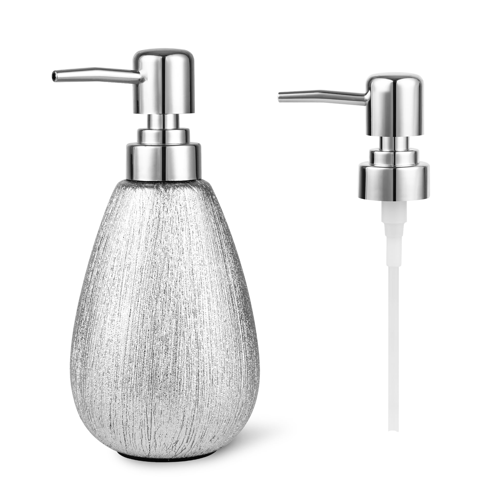 Abbi Nimo Brushed Silver Ceramic Soap Dispenser, 11 Oz Textured Hand Or Dish Soap Dispenser With Silver Plastic Pump For Bathroom Or Kitchen Countertop