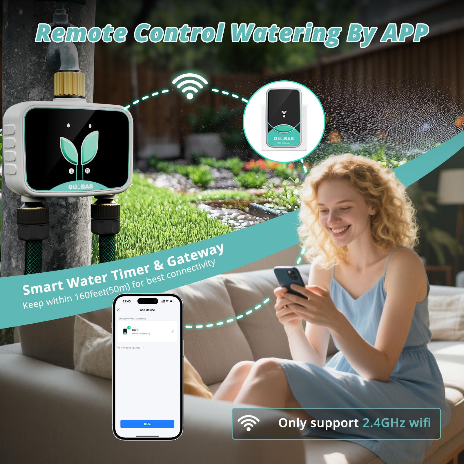QUOBAS Inteligentny zegar wodny WiFi do węża ogrodowego, 2-strefowy, mosiężny zraszacz, z kontrolą aplikacji i opóźnieniem deszczu, automatyczny/ręczny, 3 tryby nawadniania kropelkowego, basenu i