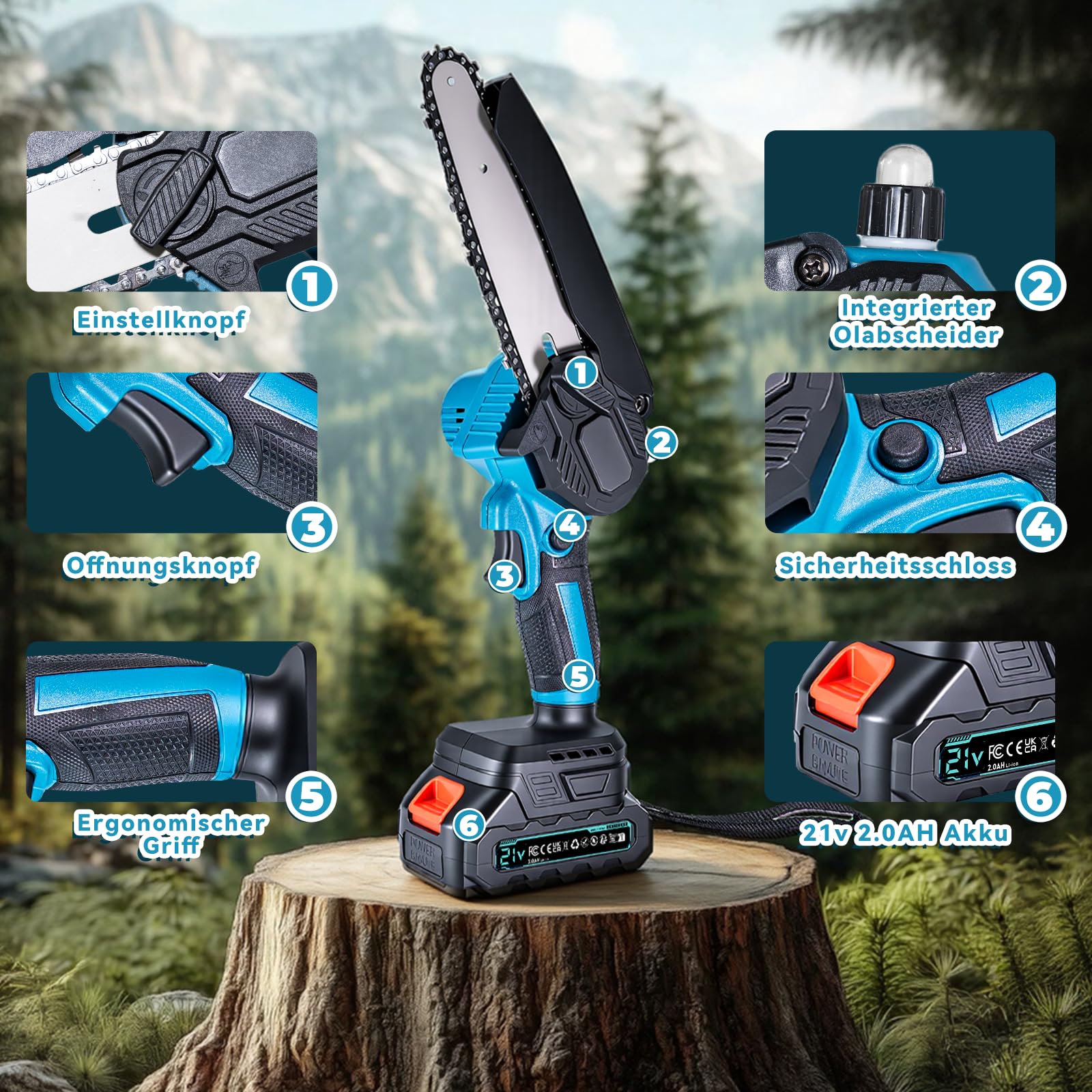 Mini Kettensäge mit Akku 4000mAh, 6 Zoll Akku kettensäge, Elektro kettensäge mit 2 Akku 2000mAh und Automatischer Öler, Handkettensäge Akku für Gartenscheren Astschere Holzschneidenz