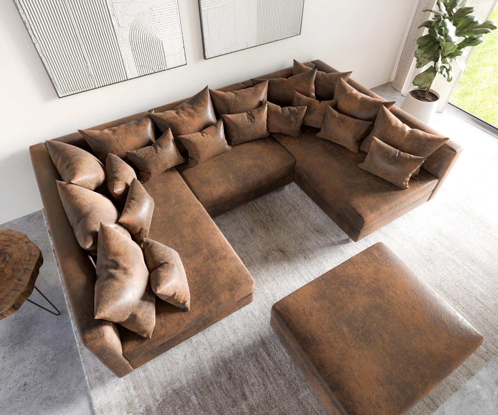 DeLife Canapé Clovis Marron Look Vintage avec Tabouret Canapé panoramique modulable