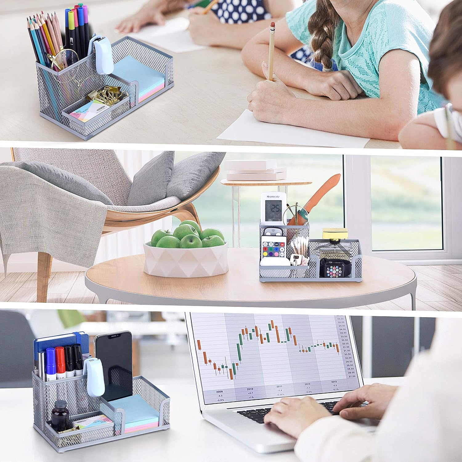 Comix Silver Pen Holder, Mesh Office Supplies Accessories Caddy with Sticky Notes Holder, Desk Organizer for Home, Office and School