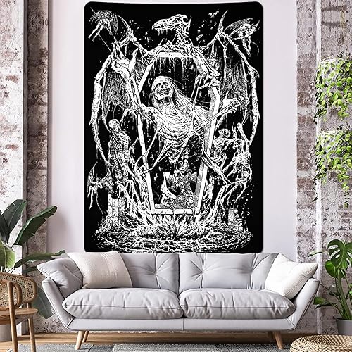 Miniatura 2 de Krelymics Tapiz de calavera gótica, tapiz satánico del diablo, tapices blancos y negros, tapiz de esqueleto de murciélago, tapiz de terror oscuro,