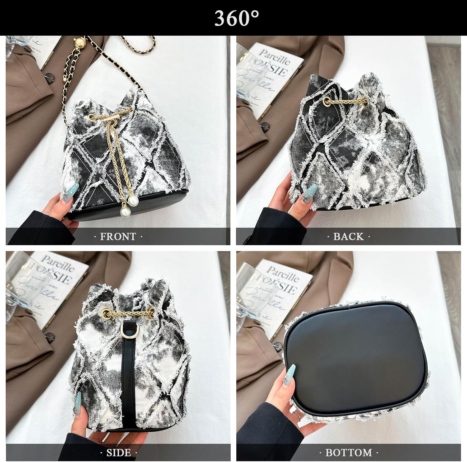 Denim Bucket Bag Quilted Drawstring Jean Purses for Women Denim Clutch Hobo Bags Crossbody Handbag - Image 6