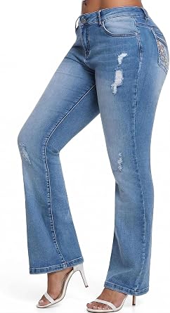 Womens Mid Rise Bootcut Jeans, Stretch Denim Pants, Ripped Distressed Jeans for Women Casual Daily Wear