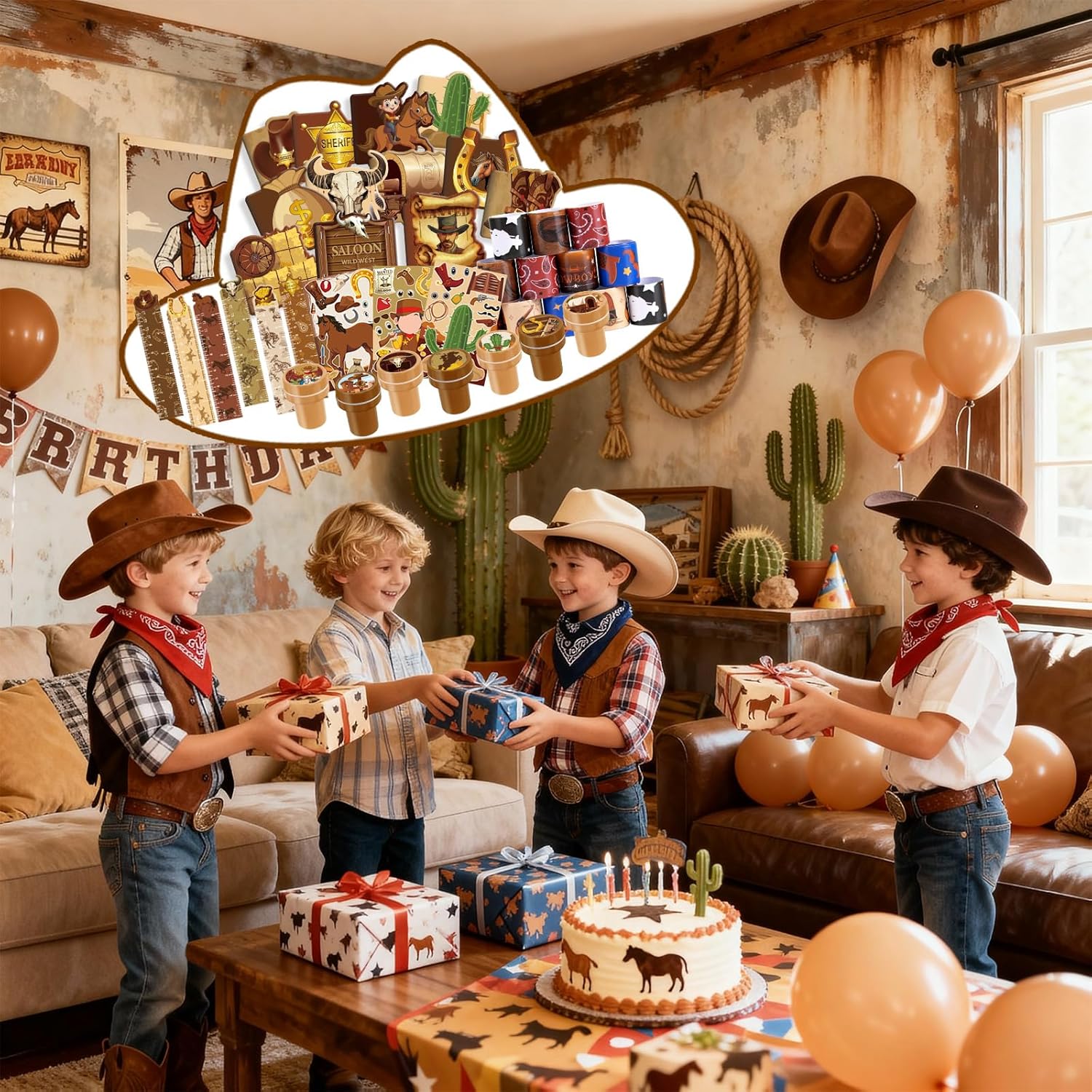 BenLouis 192 Pcs Western Cowboy Party Favors Wild West School Stationery Bulk for Kids Classroom Yee Haw Rodeo Birthday Gift Candy Goodie Bag Fillers Horse Cowboy Decor Pinata Prize Activity Supplies