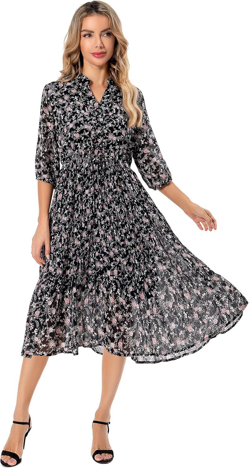 Shineflow Women's Short Sleeve V-Neck 3/4 Sleeve Button Up Chiffon Floral Pleated Midi Swing Dress with Belt - Image 4