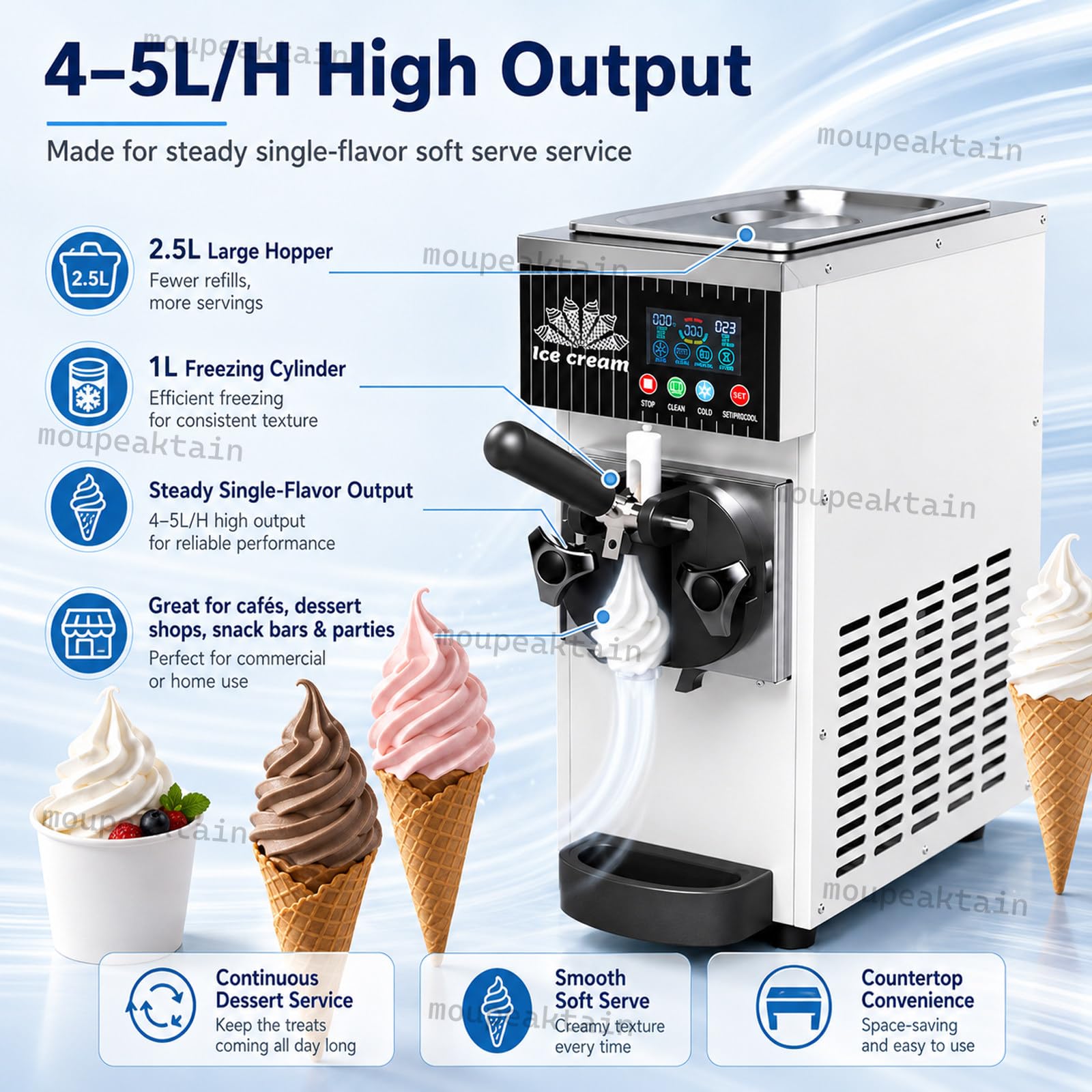 Machine à Glace Italienne 1 Parfum, 4-5l/H avec Cuve 2,5l, Pré-Refroidissement Et Nettoyage Automatique, Turbine à Glace Soft Compacte pour Desserts, Cafés, Bars Et Réunions De Famille C