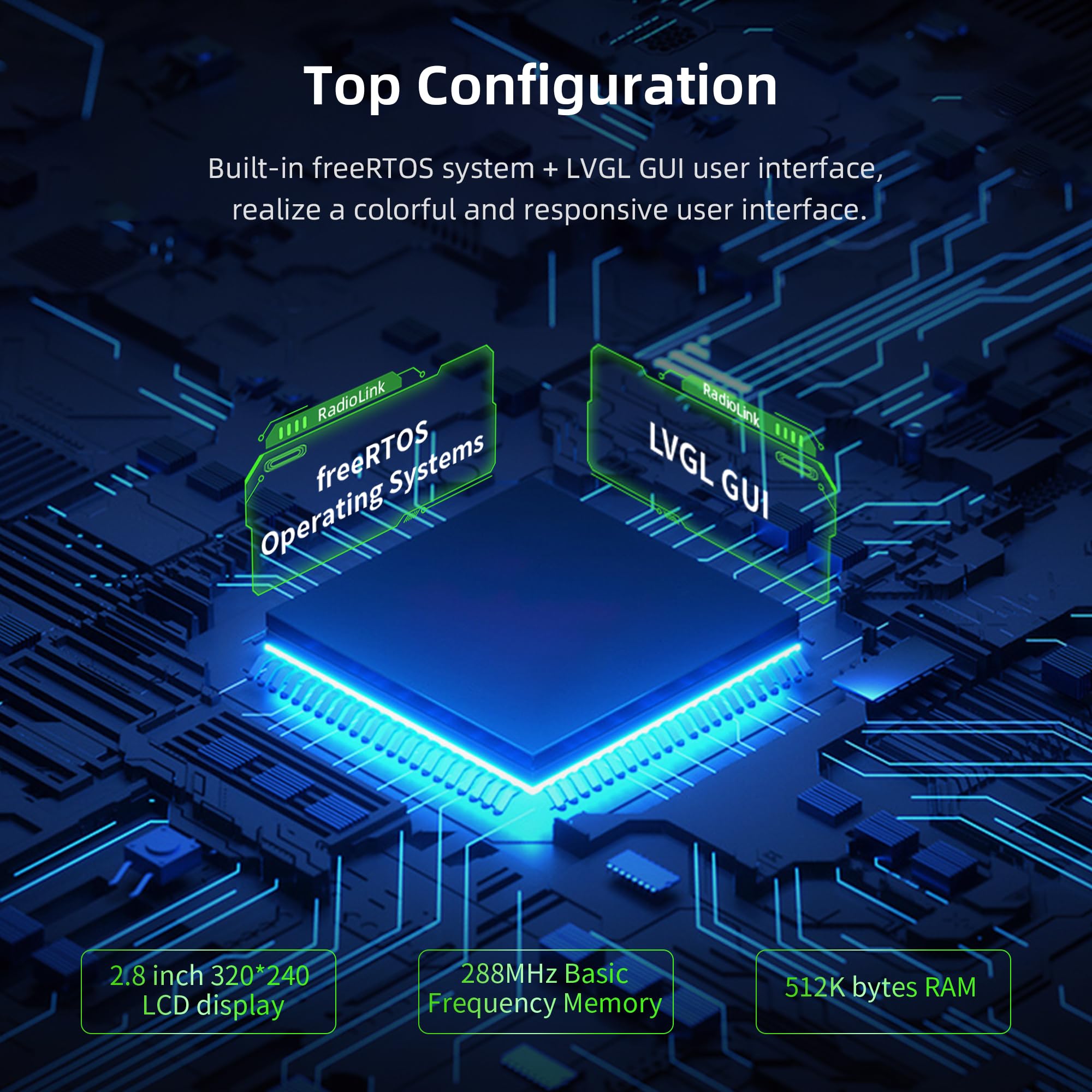 Radiolink T16D screen showing multiple language options, theme customization, user-defined fishing spot memory, and programmable mix control for helicopters