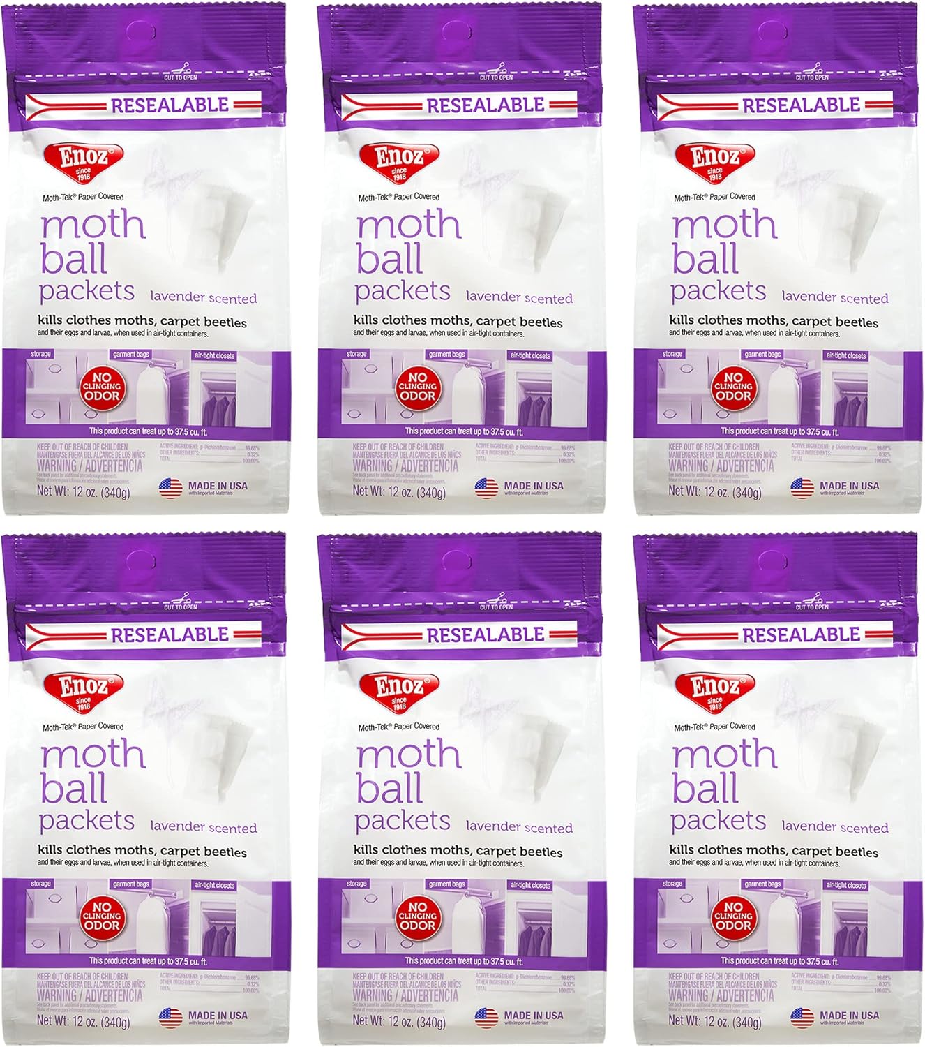 Enoz Moth-Tek Packets, Kills Clothes Moths and Carpet Beetles, Resealable Bag, Single Use Packets, Lavender Scent, 12 oz, Pack of 6