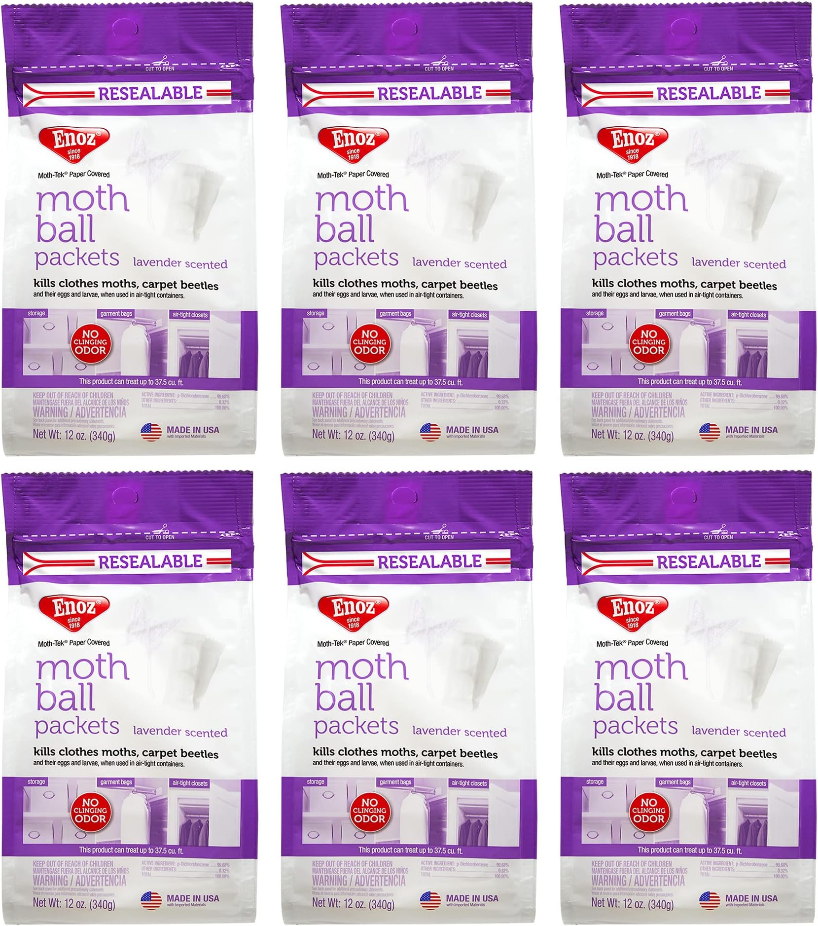 Enoz Moth-Tek Packets, Kills Clothes Moths and Carpet Beetles, Resealable Bag, Single Use Packets, Lavender Scent, 12 oz, Pack of 6