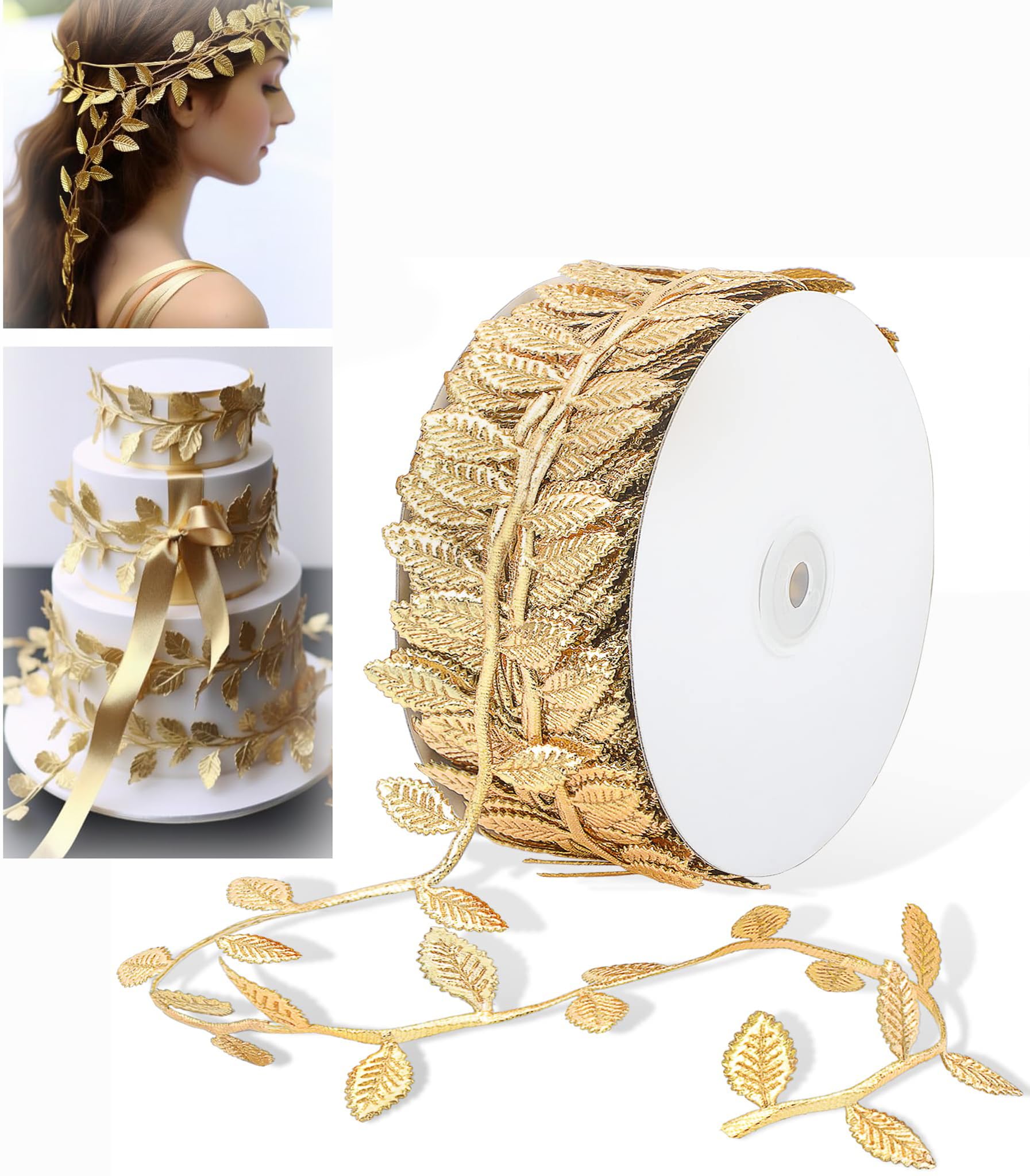 10M Gold Leaf Ribbon Trim for DIY Crafts, Wrapping, Weddings, Baby Showers, Party Decor, Wreaths, Garlands, Hair & Clothes, Home Décor
