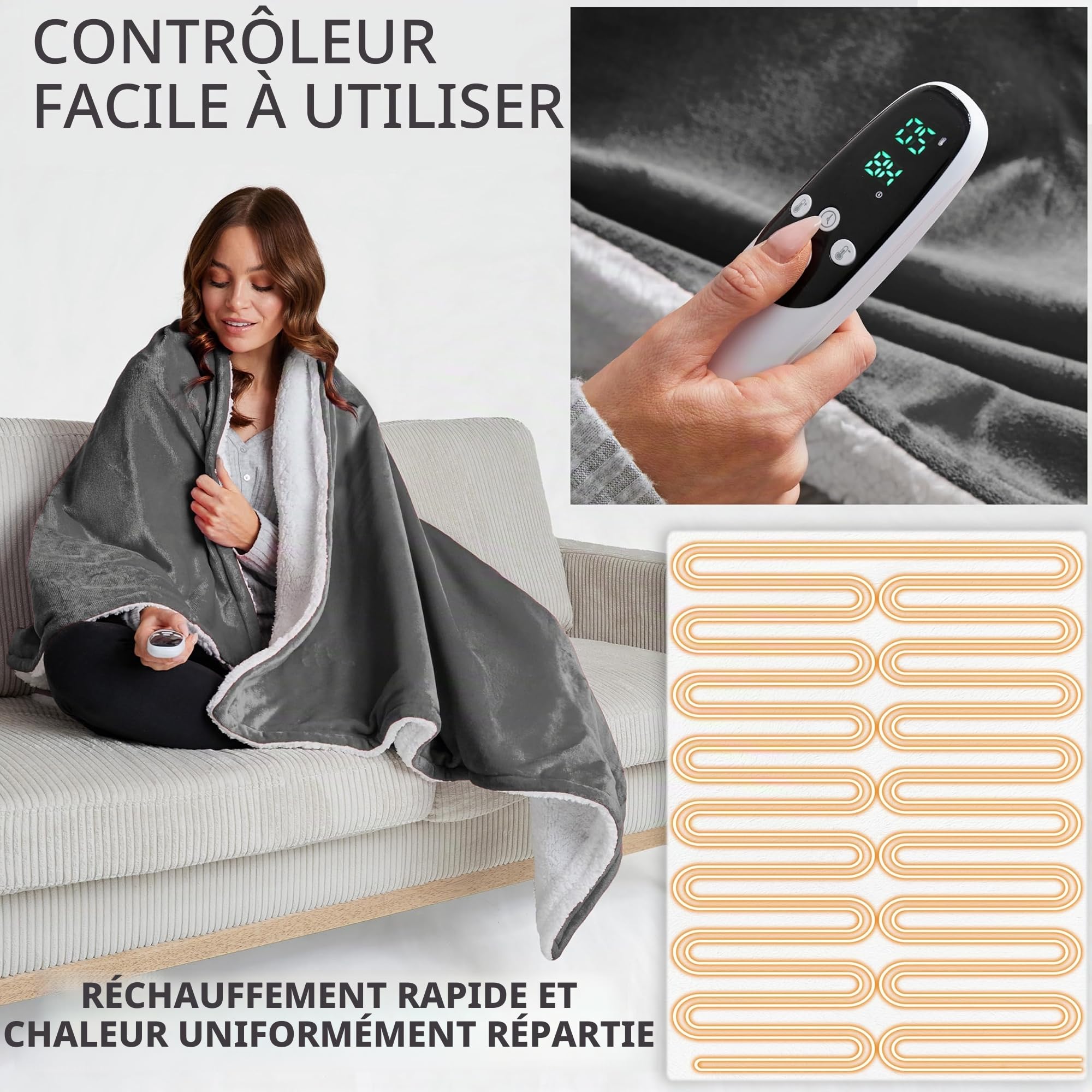 Get Trend Couverture Chauffante Électrique 150x200 cm, Polaire Plaid Sherpa, 9 Niveaux avec 12 Heures Arrêt Automatique, Lavable en Machine, Idee Cadeau (Gris Foncé, Double EU)
