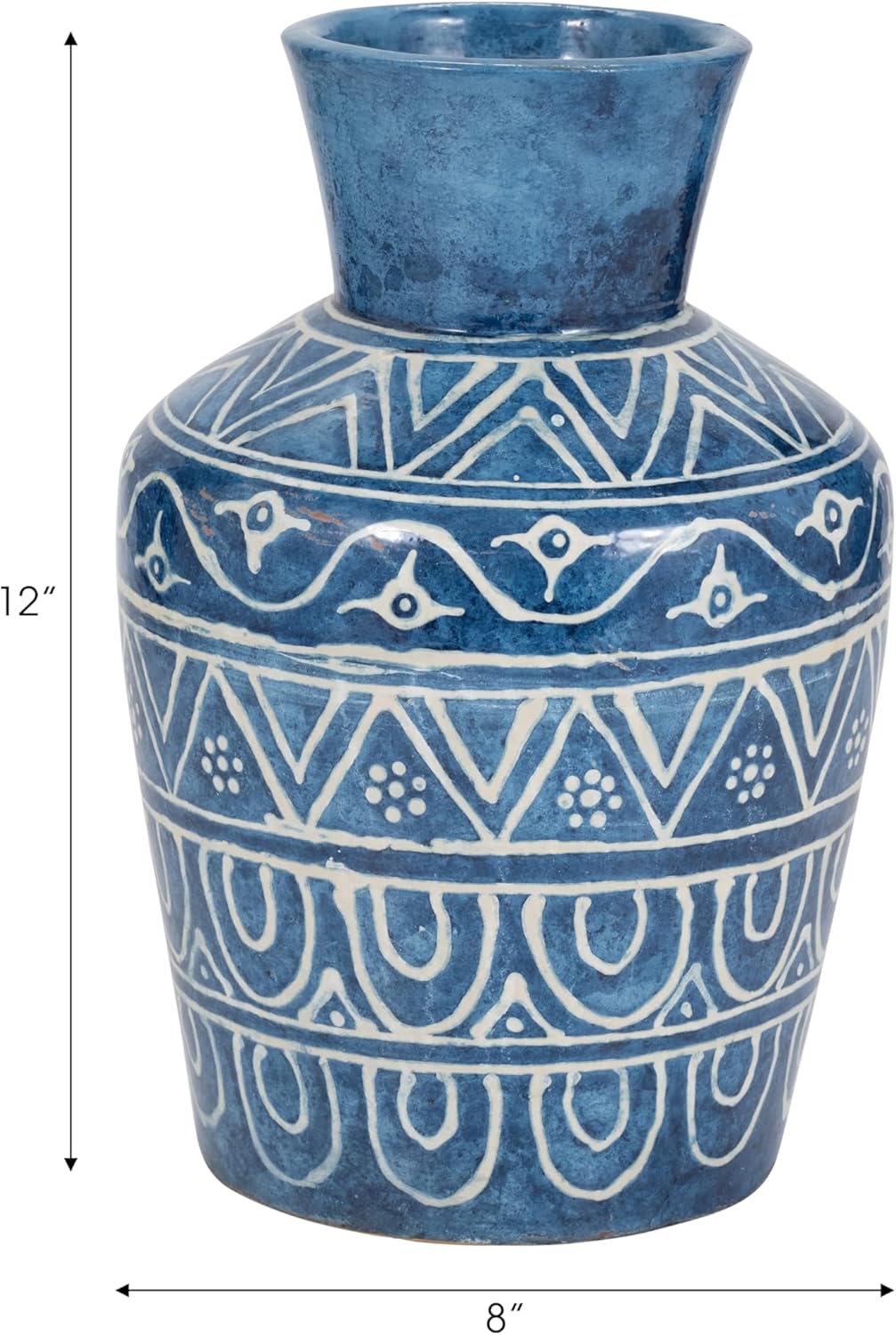 Sagebrook Home Terracotta Decorative Vase - Handcrafted Pottery with Geometric Pattern - Ceramic Home Accent for Living Room, Bedroom, Office - Rustic Boho Style - 12" Blue