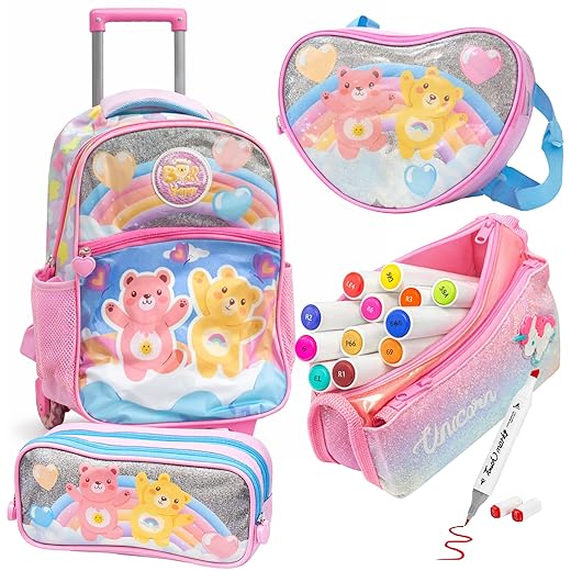 Kit Mochila Infantil Menina com Rodinhas Lancheira Termica Estojo Inclui Kit Escolar de Pintura Ursinhos