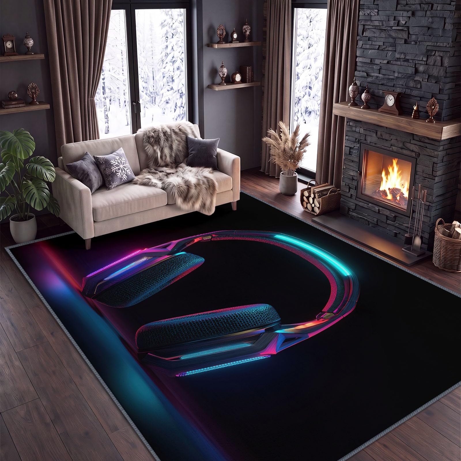 Gaming Néon Grand Tapis Salon Antidérapant Lavable en Machine 200x300cm, Poil Ras Doux Casque Gaming Tapis pour Salle a Manger Bureau Cuisine Decoration Chambrel