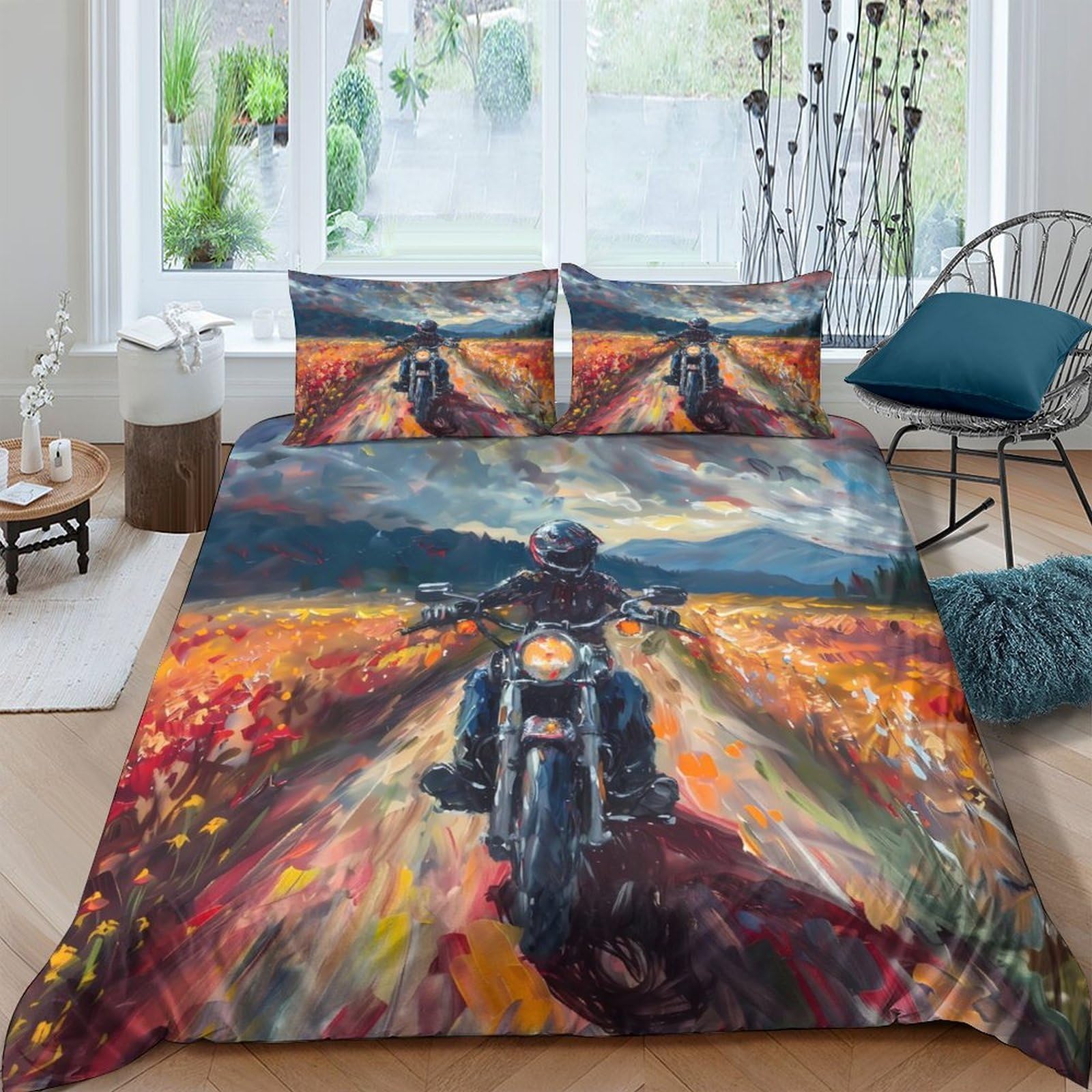 GPLZQXKJNH 3D Printed Motorcycle Road Sunset Duvet Cover Microfiber Soft Breathable Landscape Bedding Set with 2 Pillowcases for Bedroom Decor Single（135x200cm）
