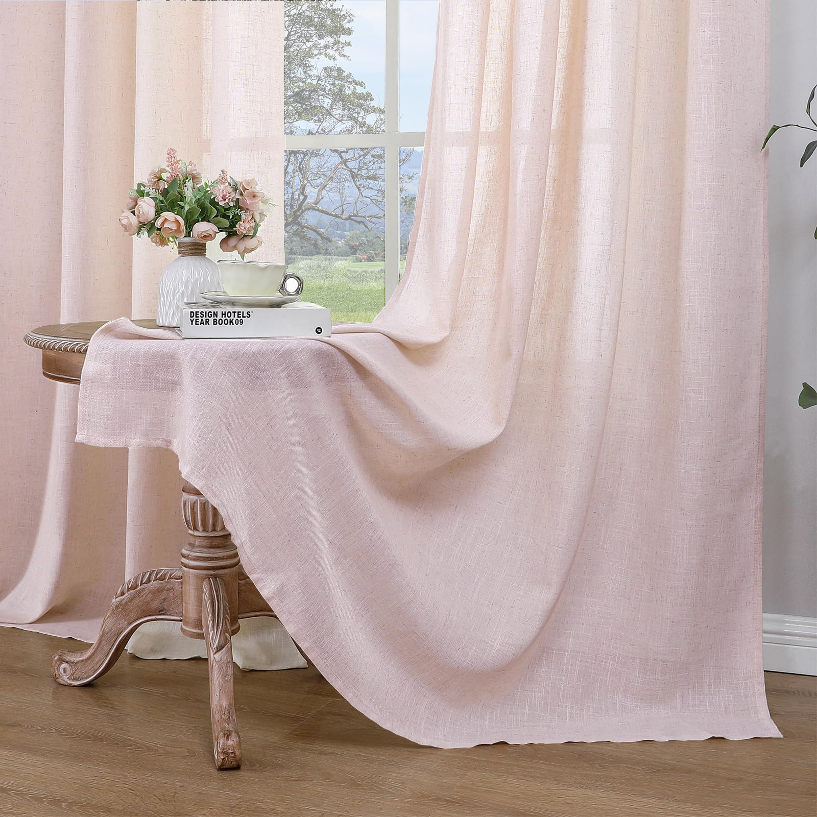 CUCRAF Rideau avec Oeillets Voilage Lin Semi-Transparent, Vieux Rose 140x245cm Lot de 2