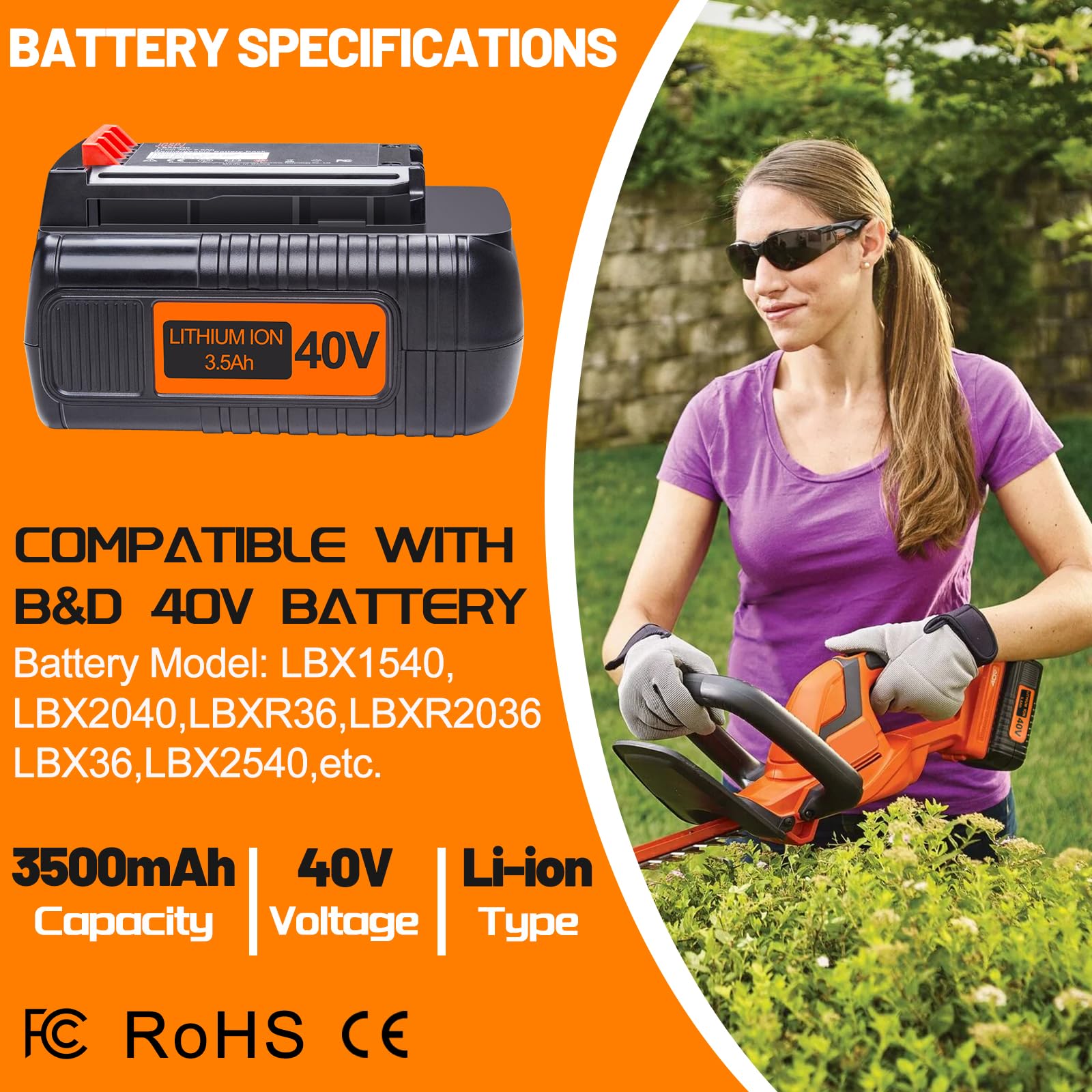 Batería de repuesto para batería Black and Decker de 40 V LBX2040 LBXR36 LBXR2036 LST540 LCS1240 LBX1540 LST136W de repuesto para baterías de litio Black&Decker de 40 voltios MAX de 3,5 Ah
