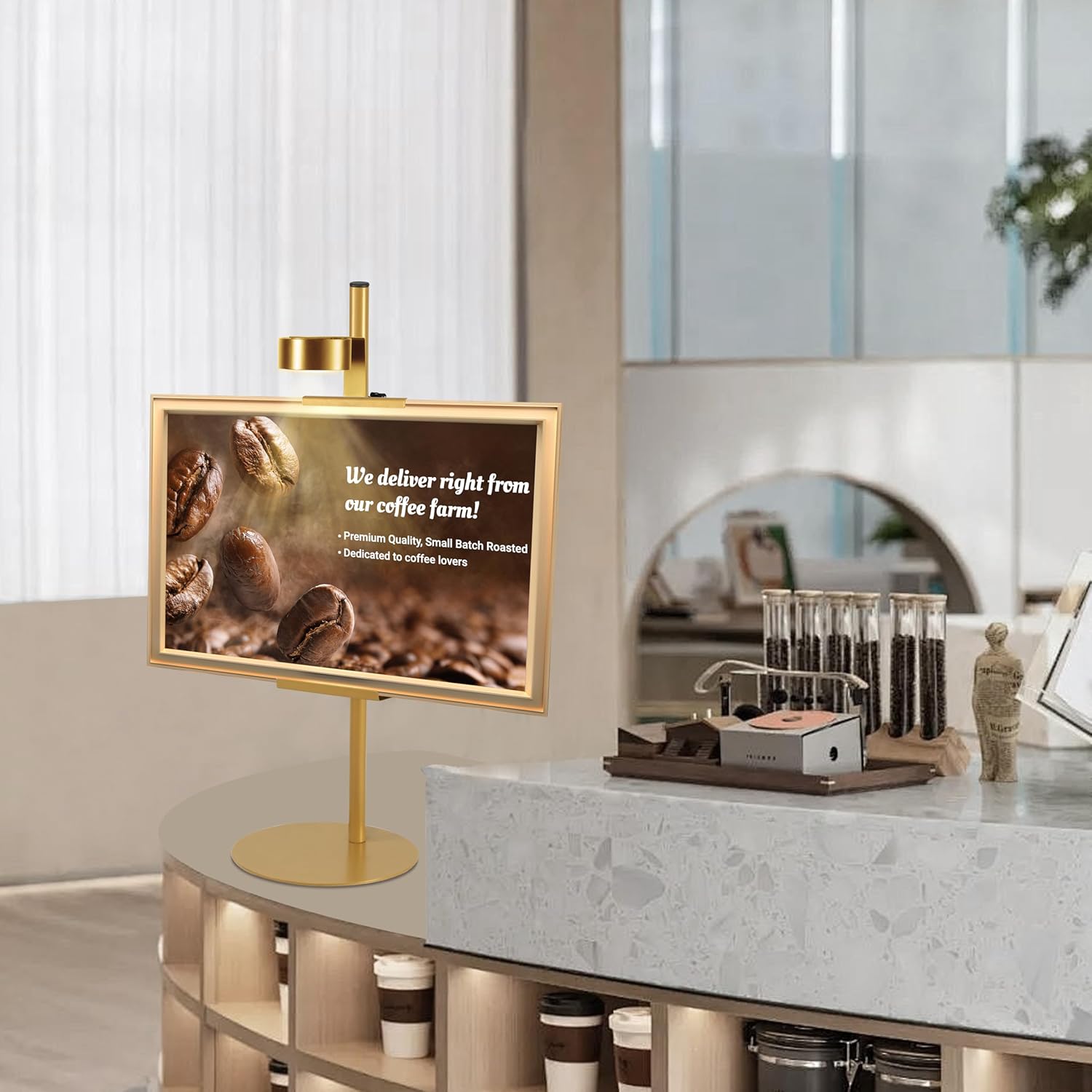 Adjustable Desktop Photo Frame Stand with Magnetic Wall Painting Light, Holds Picture Frames up to 30 Inch,with Rechargeable Battery,Metal Vertical Stand with 3 Color Temperature & 13RGB Poster Lights, for Displaying Picture Frames, Artworks (Gold)