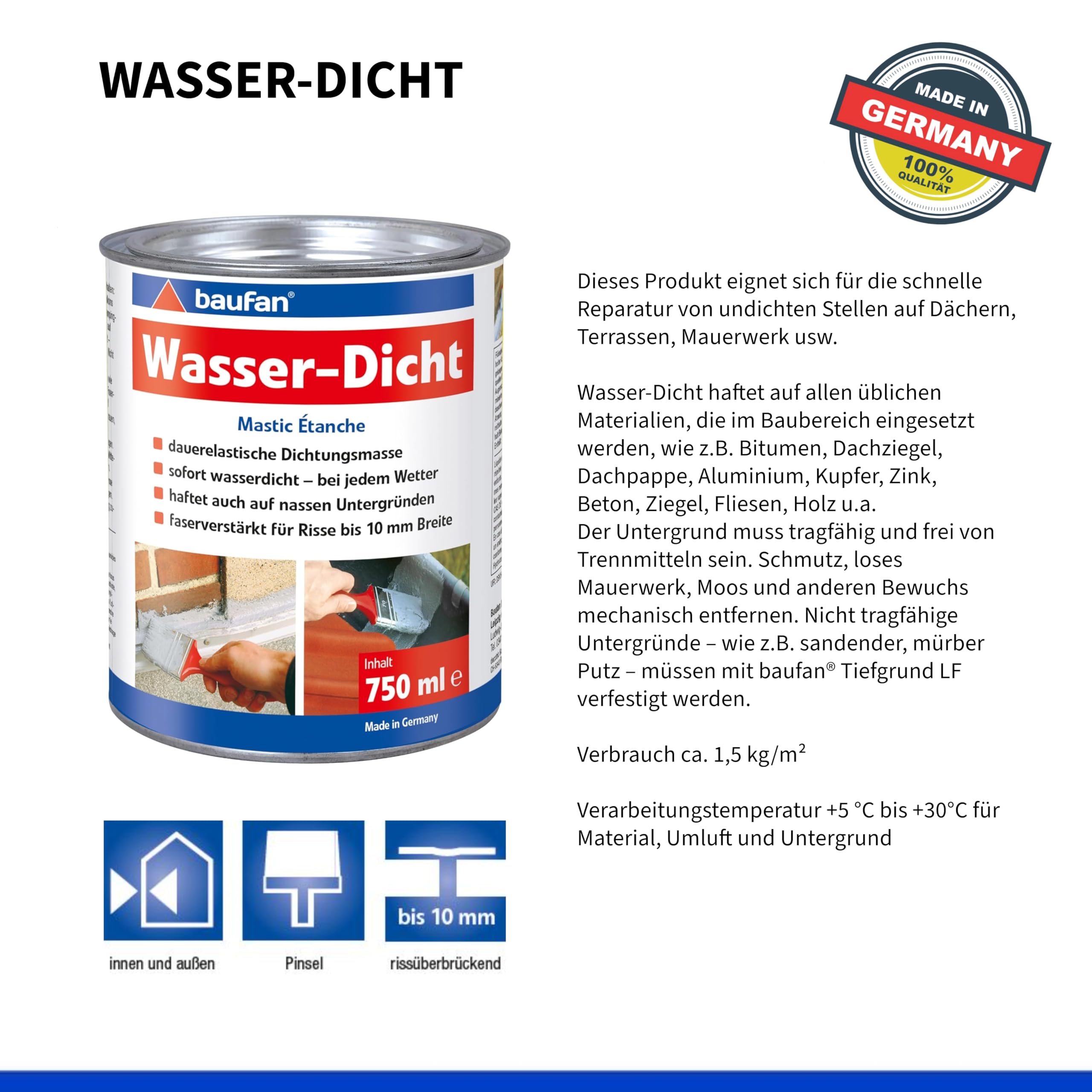 Baufan Wasser-Dicht - 750ml I Dichtmasse sofort wasserdicht und dauerelastisch I faserverstärkt, rissüberbrückend bis 10 mm auch auf nassen Flächen (Packung mit 2)