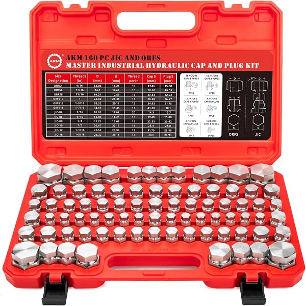 AKM 160 PC JIC and ORFS Master Industrial Hydraulic Cap and Plug Hose Tube and Pipe Fitting Kit Cap and Plug Kit Precisi
