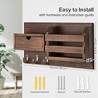 Vista 7 de Wall Mount Key Holder with Mail Organizer, 100% Paulownia Wood, 7 Metal Hooks, Storage Drawer, Entryway Home Decor (Brown)