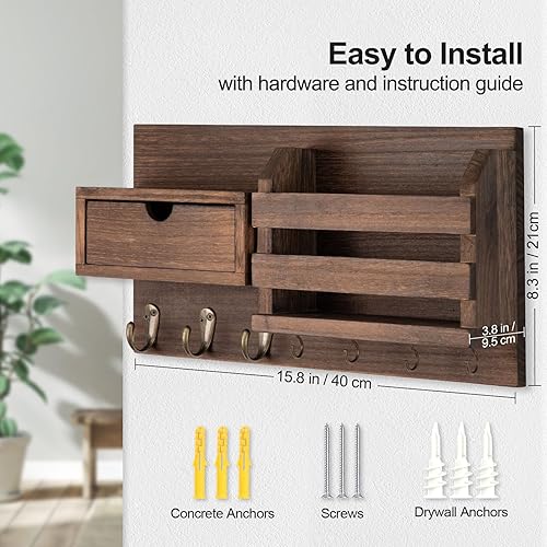 Miniatura 7 de Soporte para llaves de pared con organizador de correo, 100% madera de paulownia, 7 ganchos de metal, cajón de almacenamiento, entrada decoración