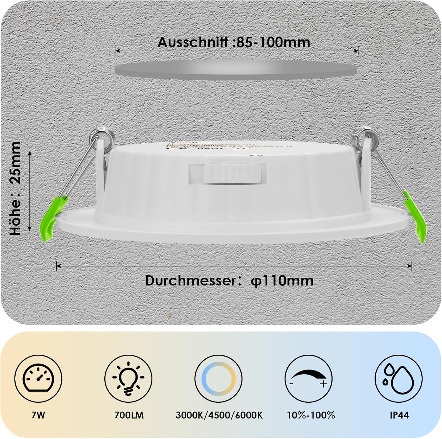 LED Einbaustrahler 230V Dimmbar, 7W 12er Set Einbauleuchten Deckenspots Deckenstrahler Lochöffnung Ø 85-100 mm, IP44 Ultra Flach LED Spots für Badezimmer Wohnzimmer